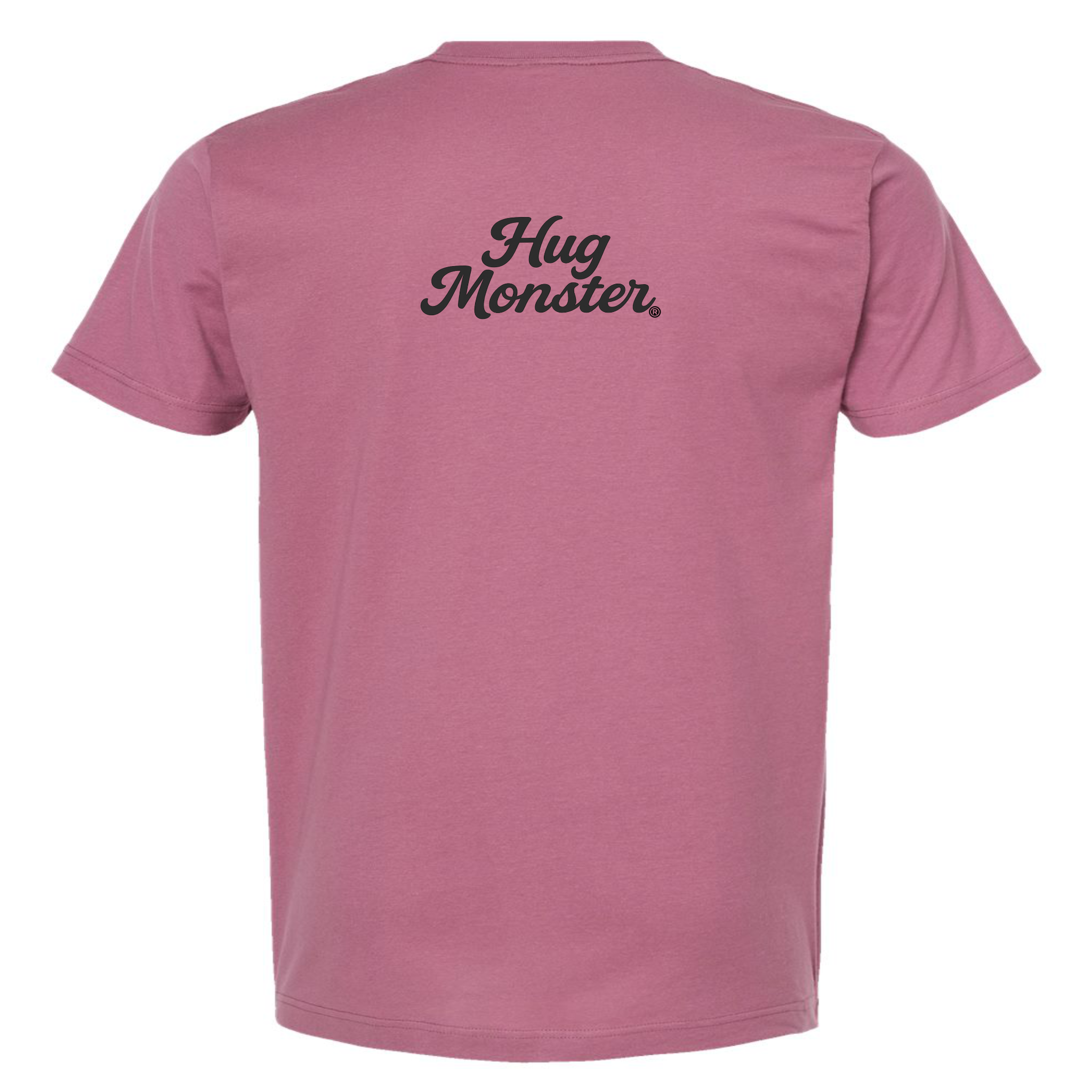 Hug Monster "Classic Cursive" (Black) T-Shirt - Positive Message Graphic Tee in Soft Dusty Rose Pink – Back View