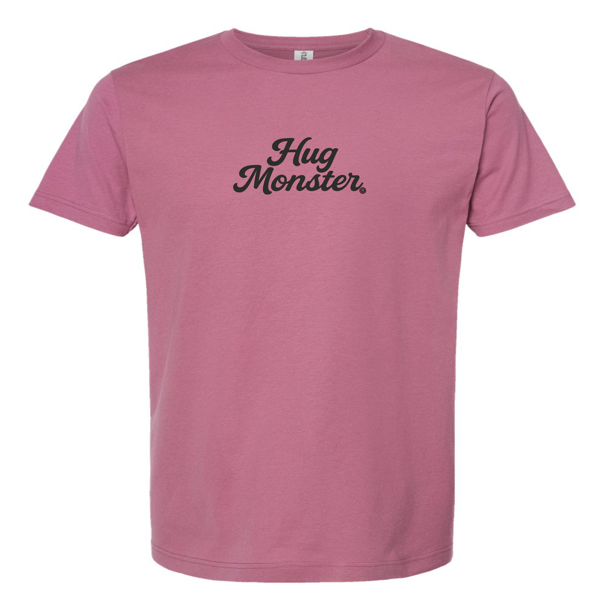 Hug Monster "Classic Cursive" (Black) T-Shirt - Positive Message Graphic Tee in Soft Dusty Rose Pink – Front View