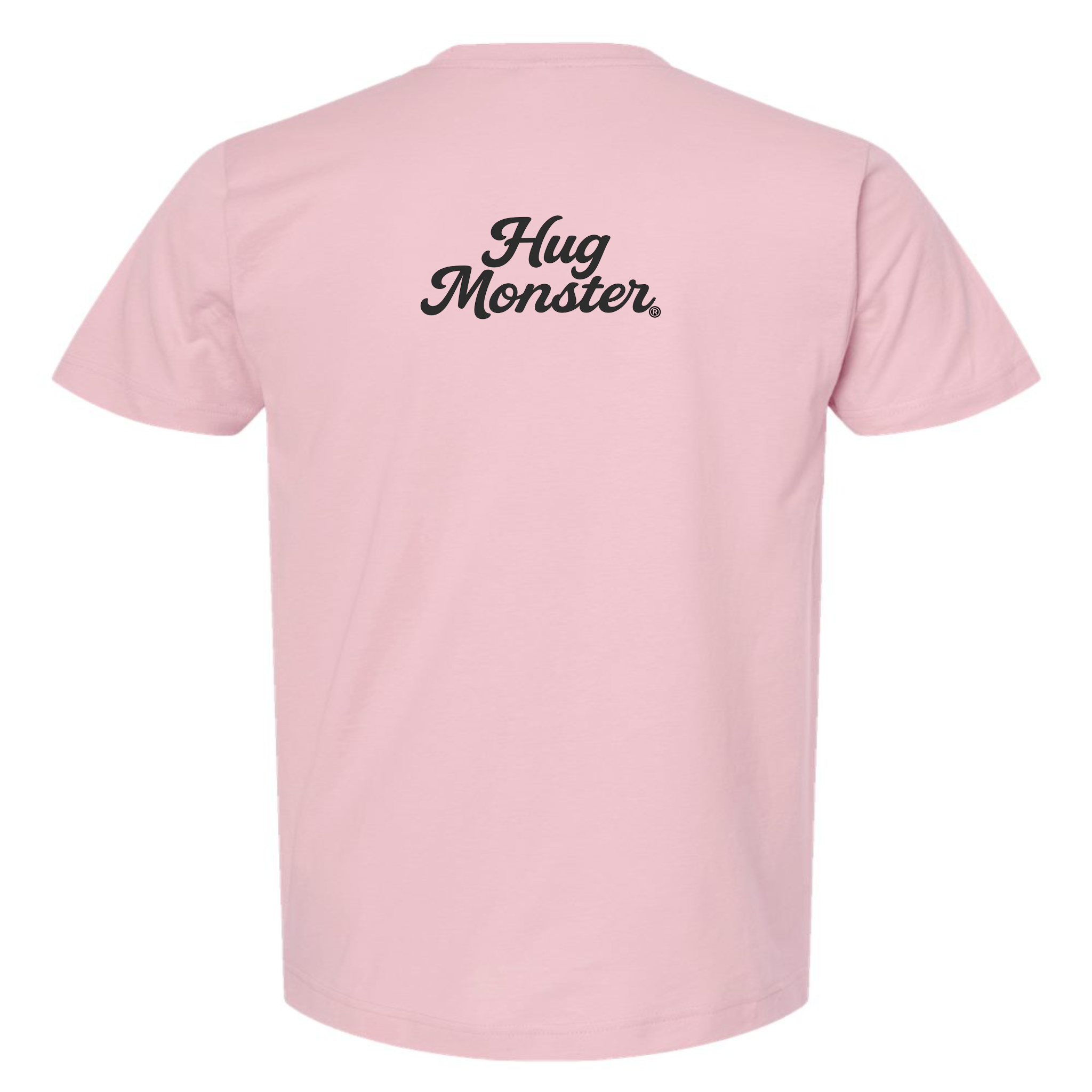 Hug Monster "Classic Cursive" (Black) T-Shirt - Positive Message Graphic Tee in Soft Pink – Back View