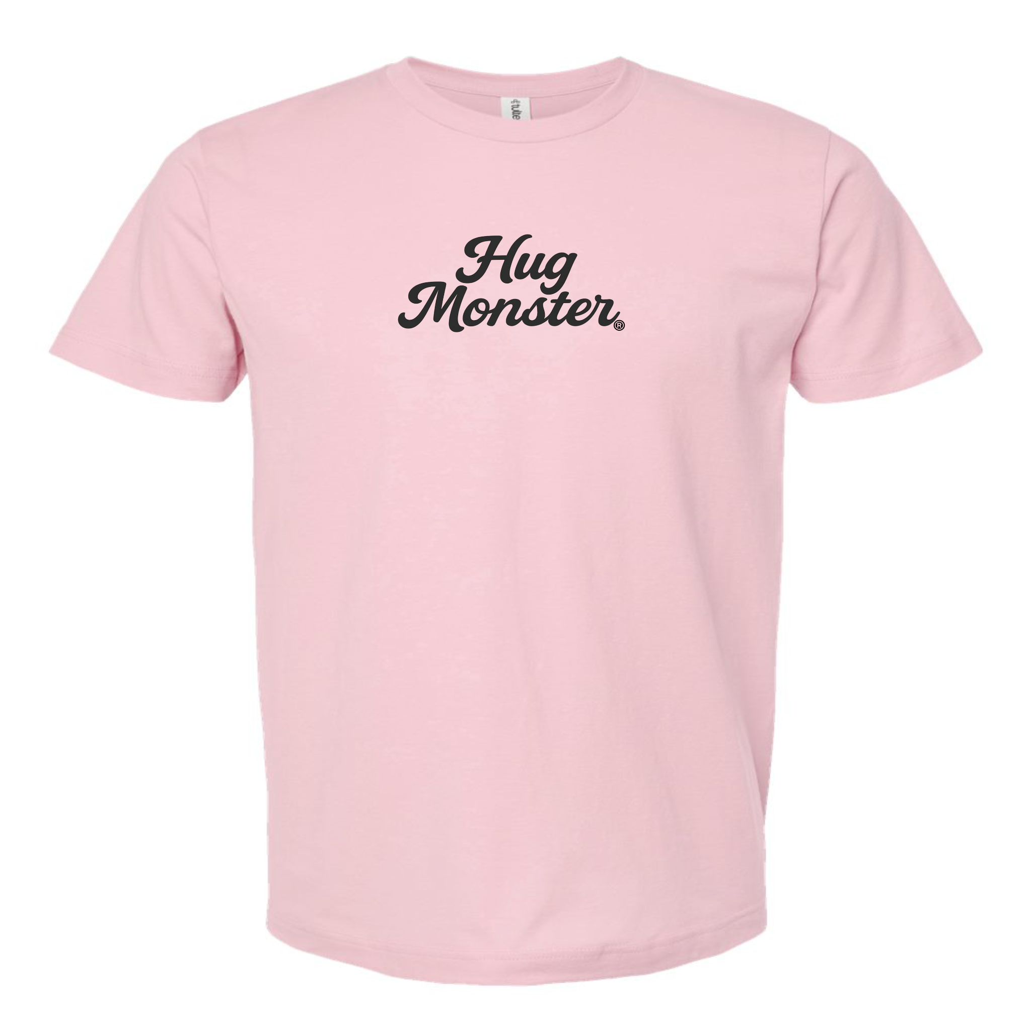 Hug Monster "Classic Cursive" (Black) T-Shirt - Positive Message Graphic Tee in Soft Pink – Front View