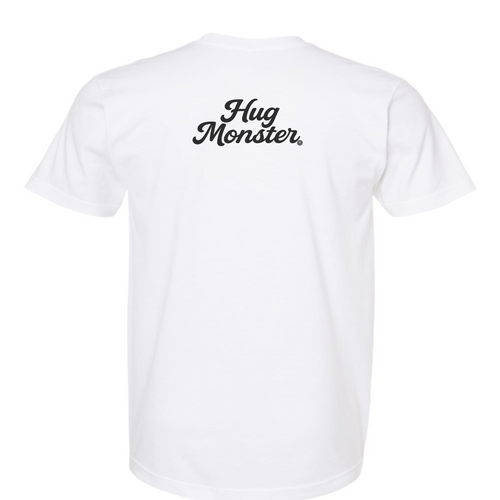 Hug Monster "Classic Cursive" (Black) T-Shirt - Positive Message Graphic Tee in White – Back View