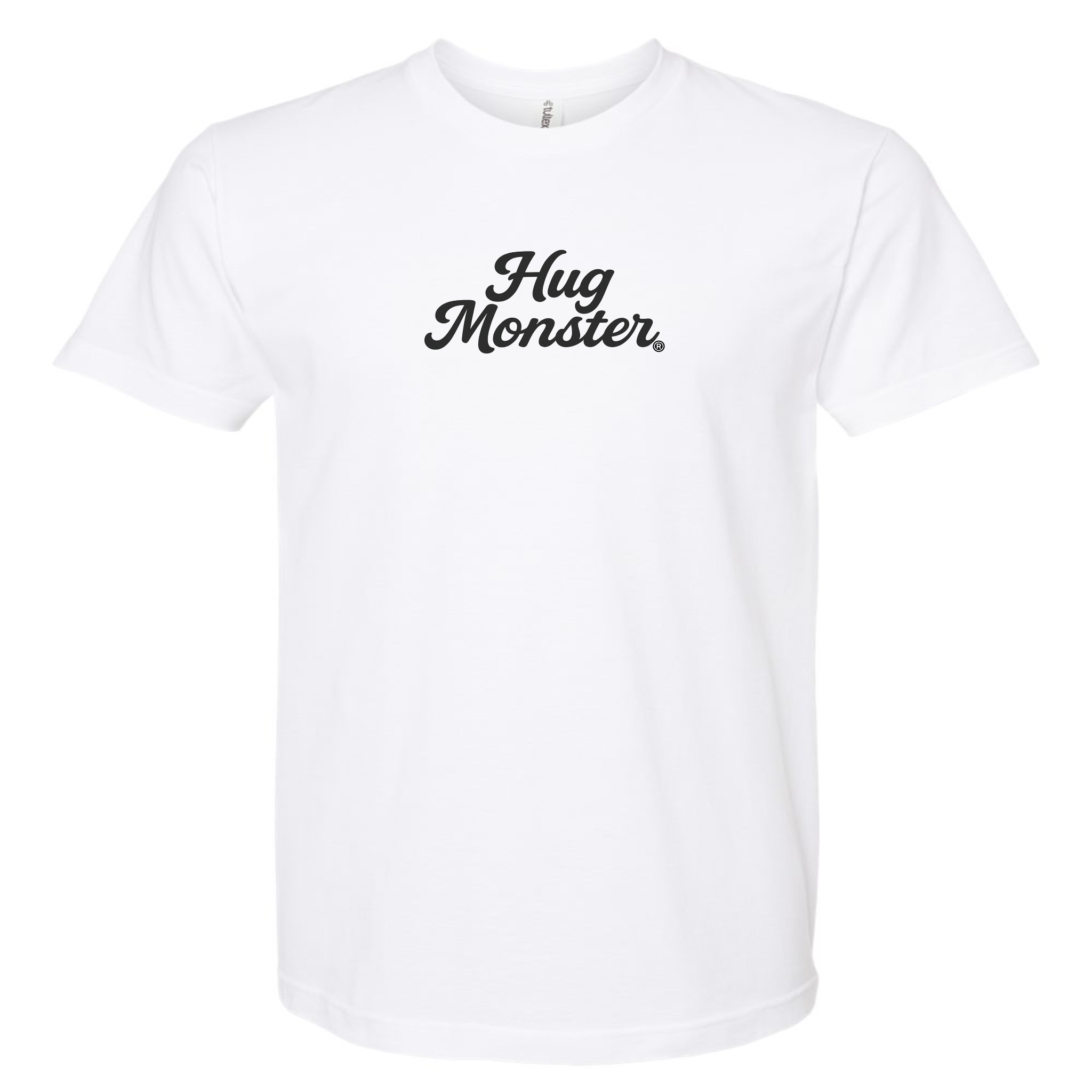Hug Monster "Classic Cursive" (Black) T-Shirt - Positive Message Graphic Tee in White – Front View