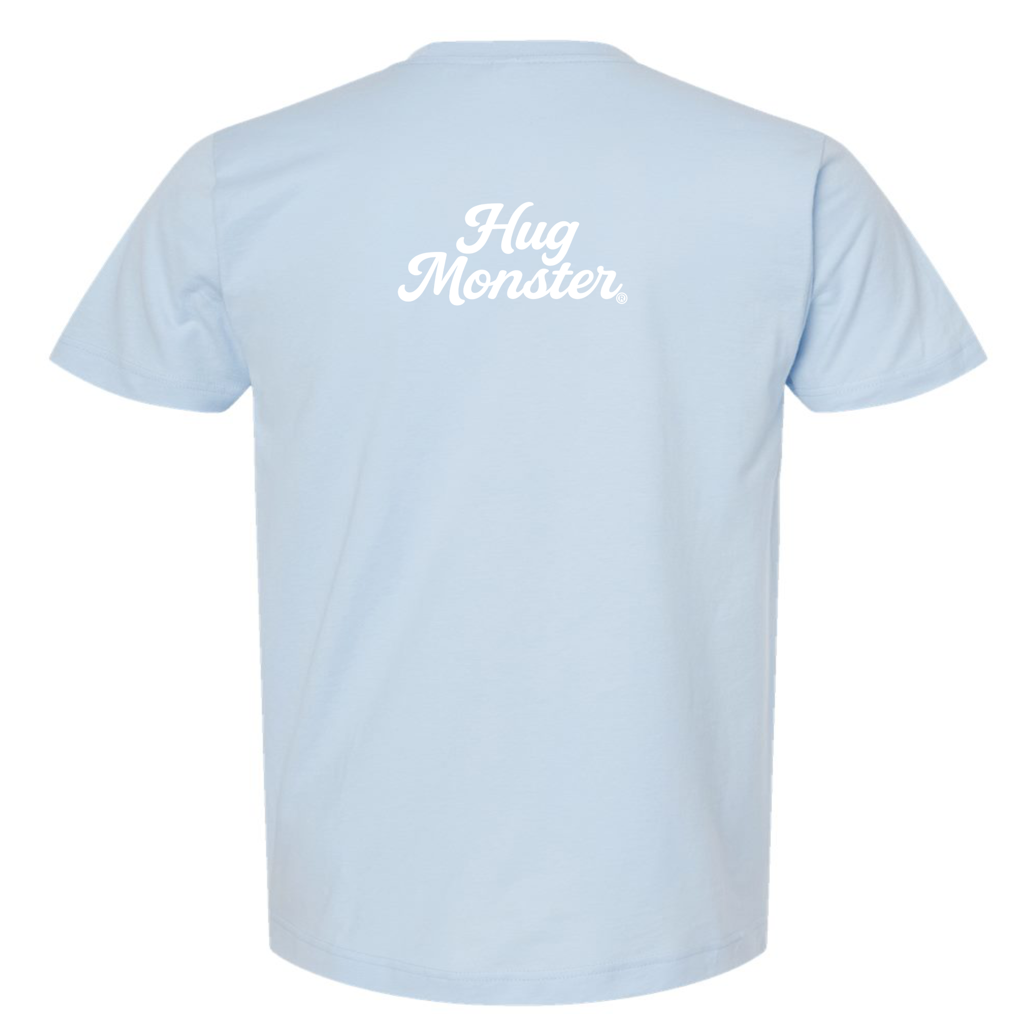 Hug Monster "Classic Cursive" (White) T-Shirt - Positive Message Graphic Tee in Baby Blue – Back View