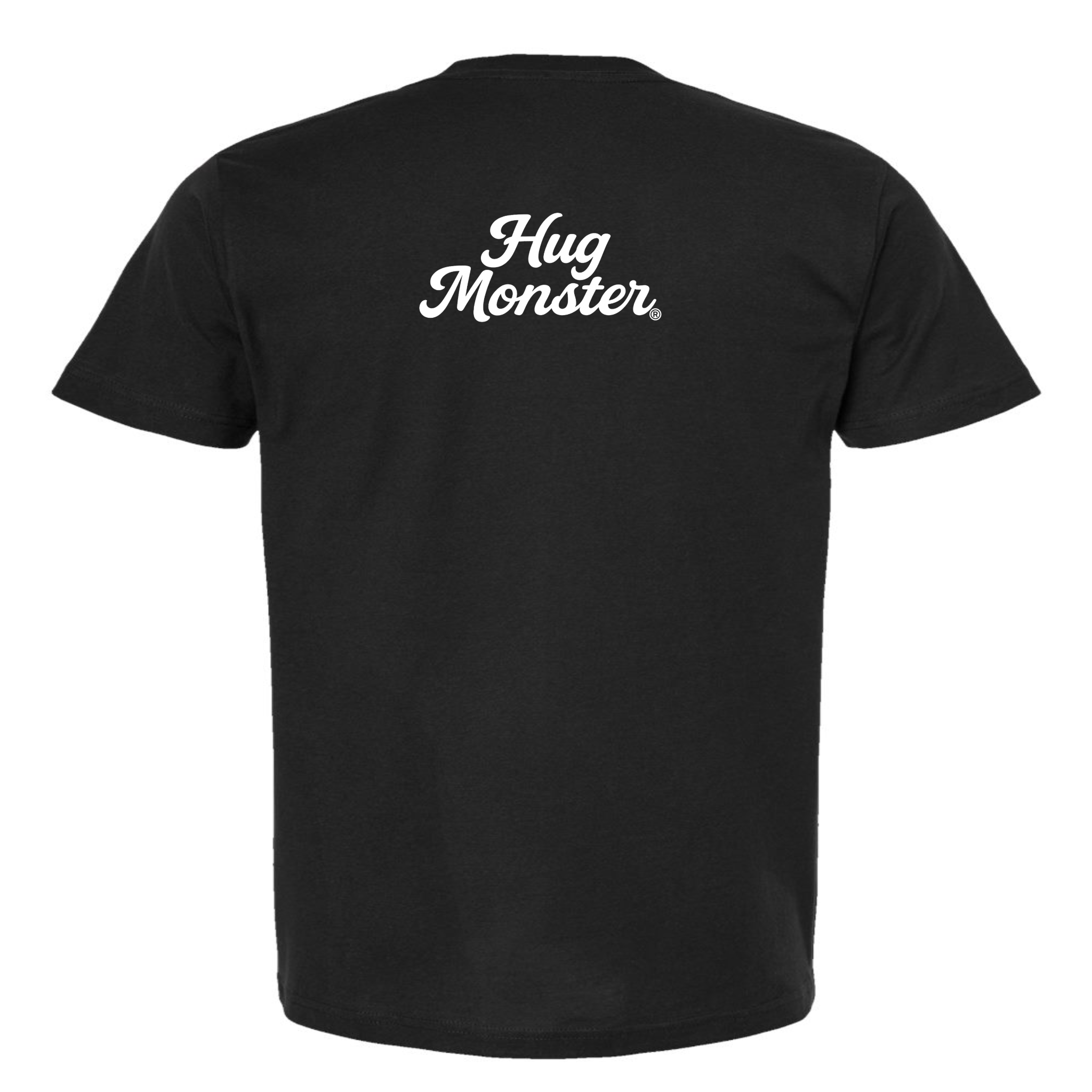 Hug Monster "Classic Cursive" (White) T-Shirt - Positive Message Graphic Tee in Black – Back View
