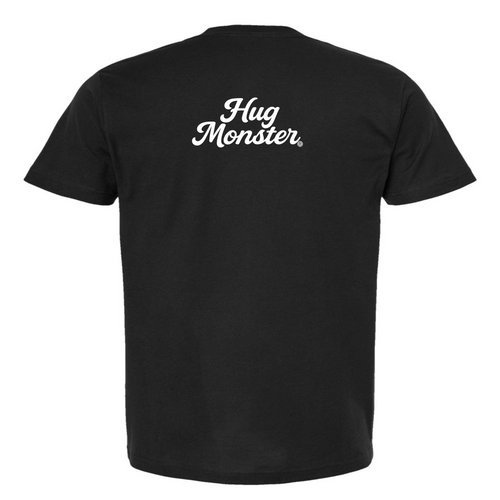 Hug Monster "Classic Cursive" (White) T-Shirt - Positive Message Graphic Tee in Black – Back View