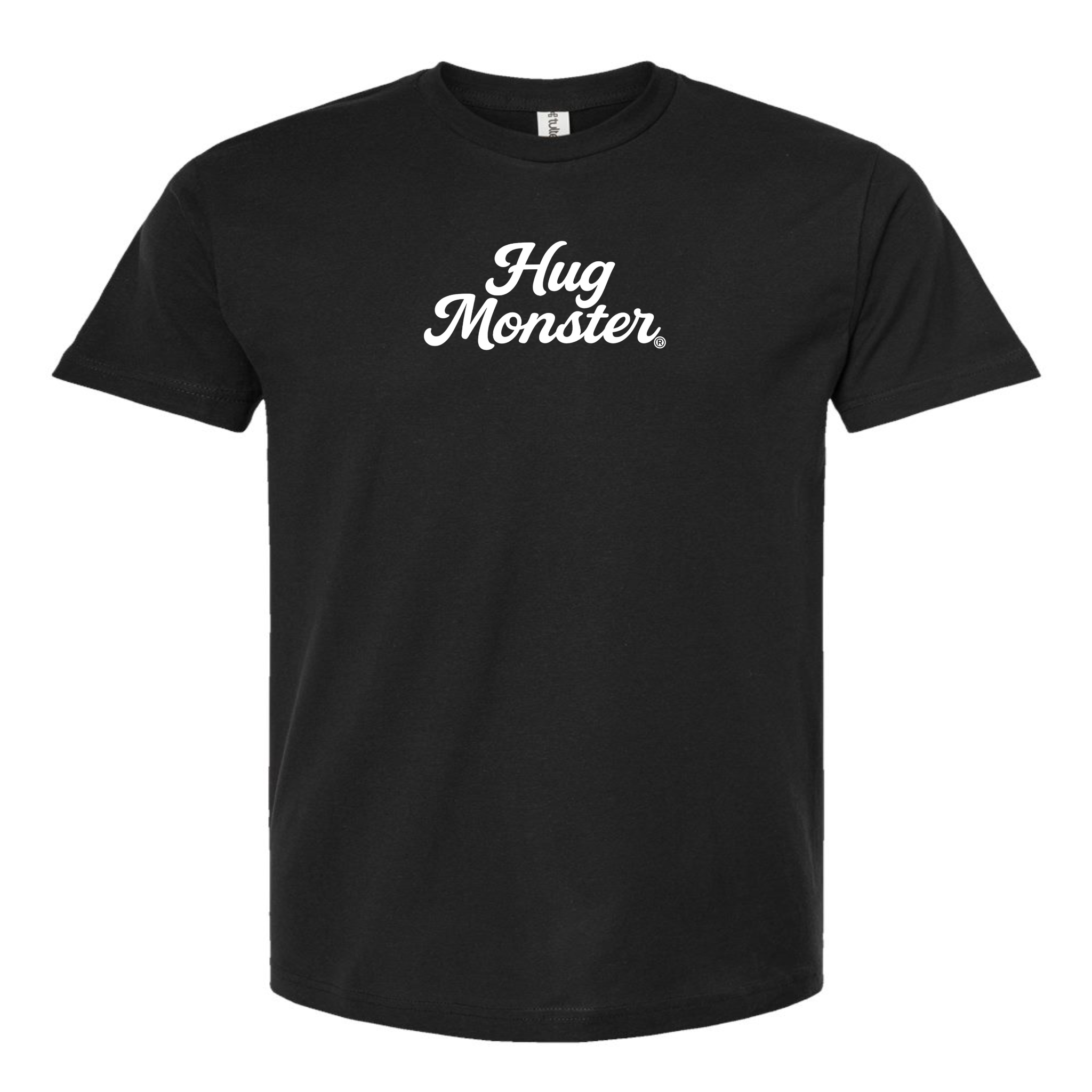 Hug Monster "Classic Cursive" (White) T-Shirt - Positive Message Graphic Tee in Black – Front View