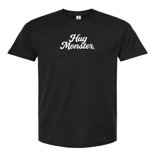 Hug Monster "Classic Cursive" (White) T-Shirt - Positive Message Graphic Tee in Black – Front View
