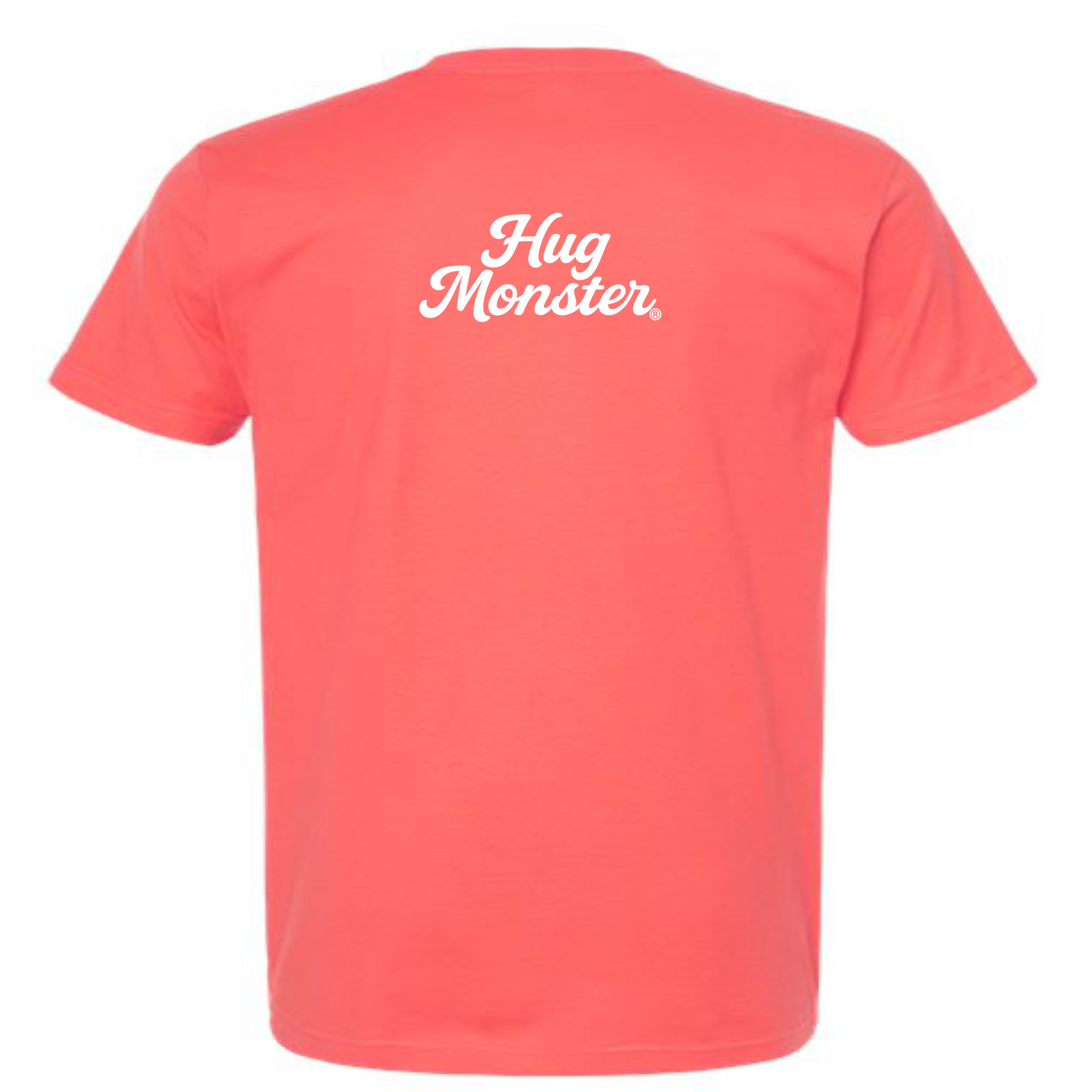 Hug Monster "Classic Cursive" (White) T-Shirt - Positive Message Graphic Tee in Bright Coral – Back View