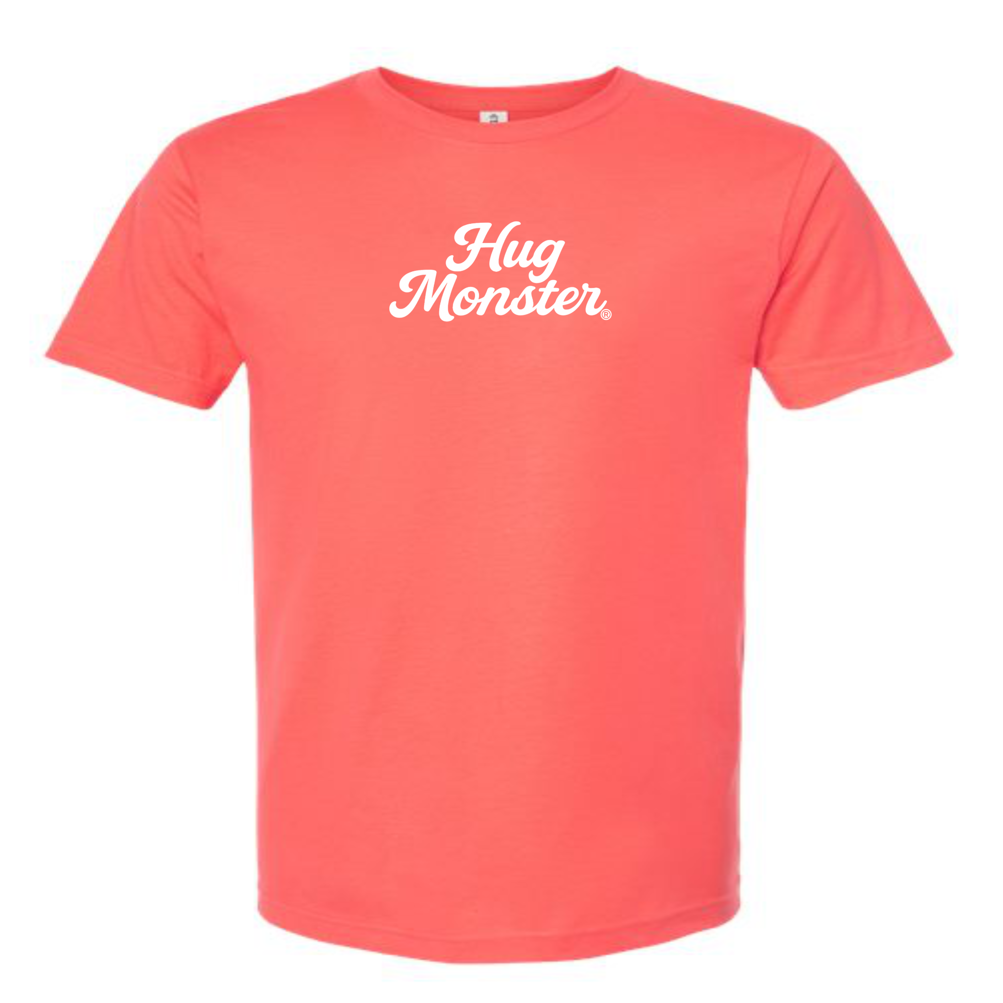 Hug Monster "Classic Cursive" (White) T-Shirt - Positive Message Graphic Tee in Bright Coral – Front View
