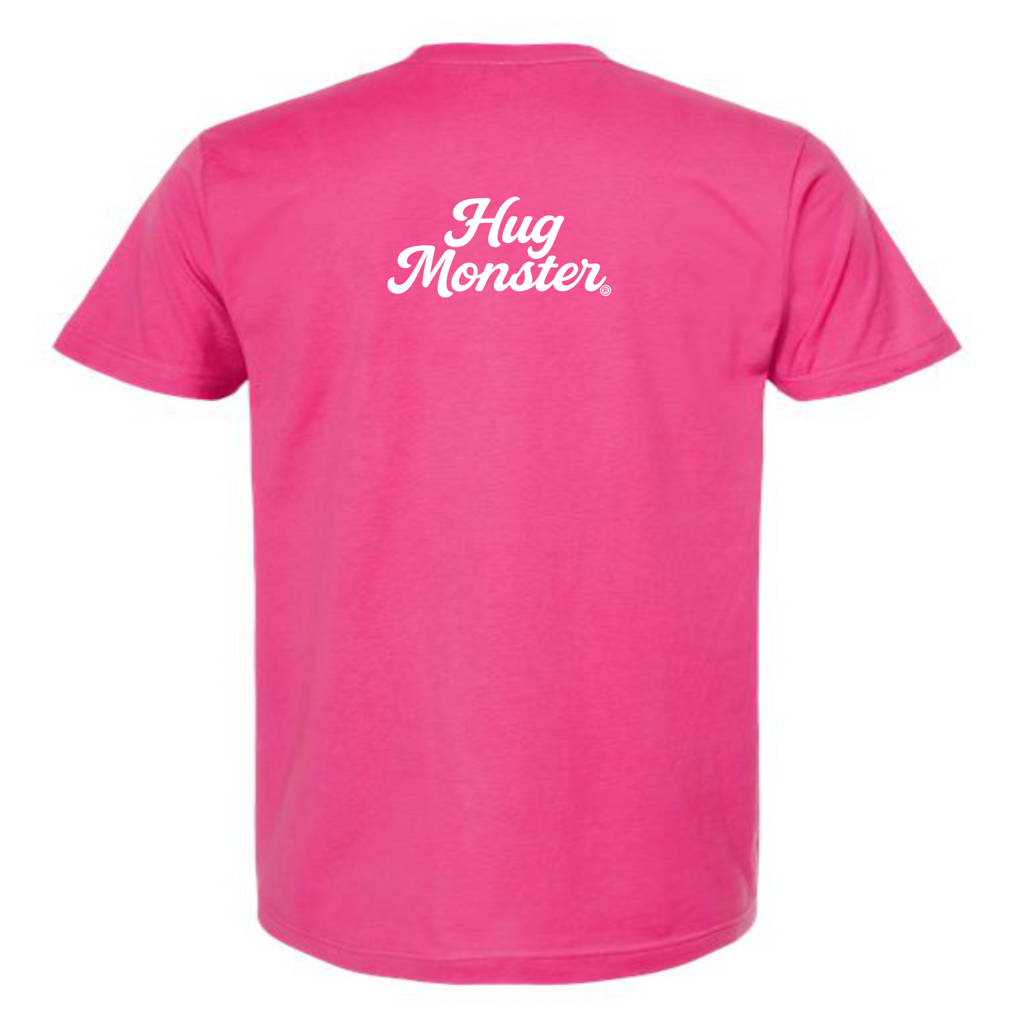 Hug Monster "Classic Cursive" (White) T-Shirt - Positive Message Graphic Tee in Bright Fuscia – Back View