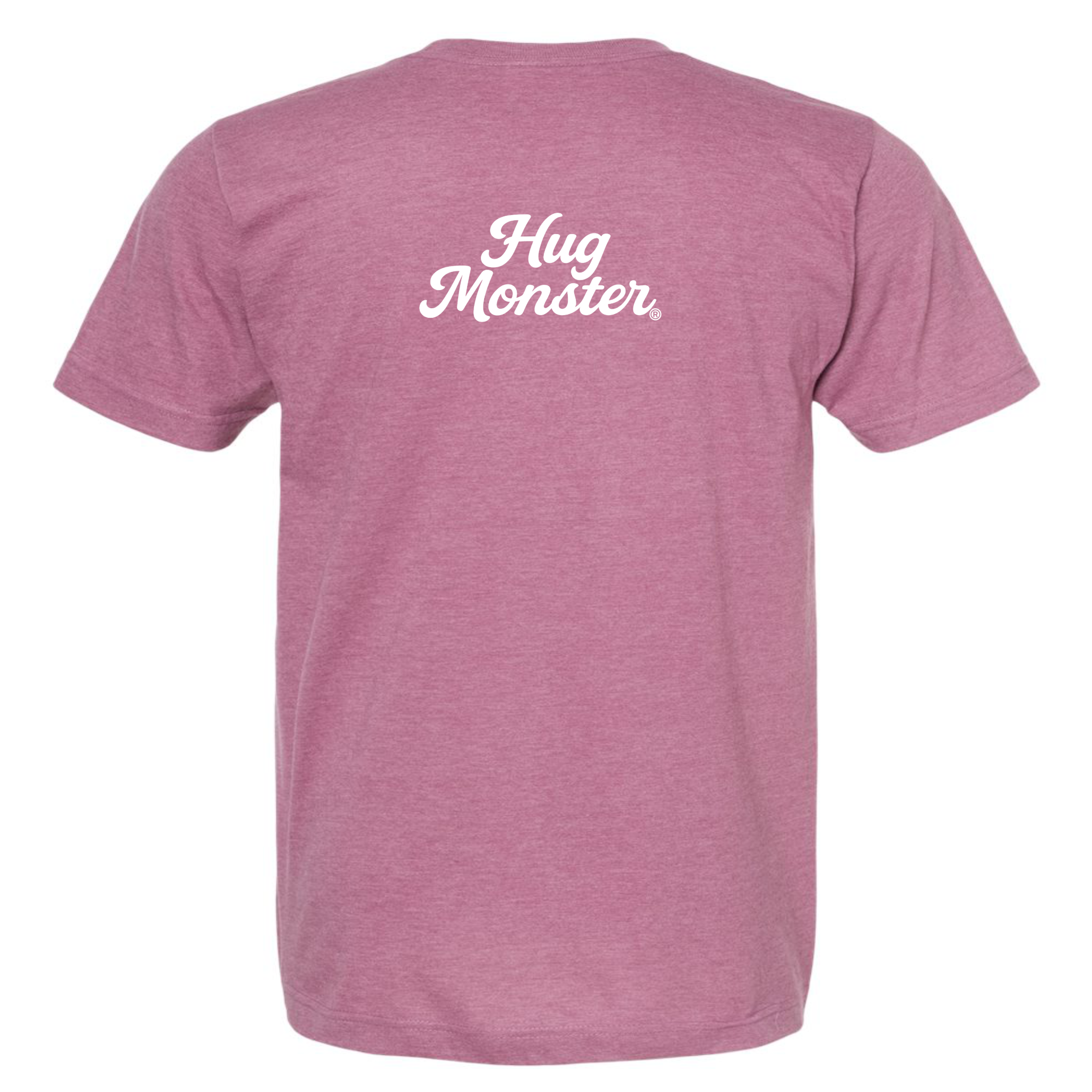Hug Monster "Classic Cursive" (White) T-Shirt - Positive Message Graphic Tee in Heather Dusty Rose Pink – Back View