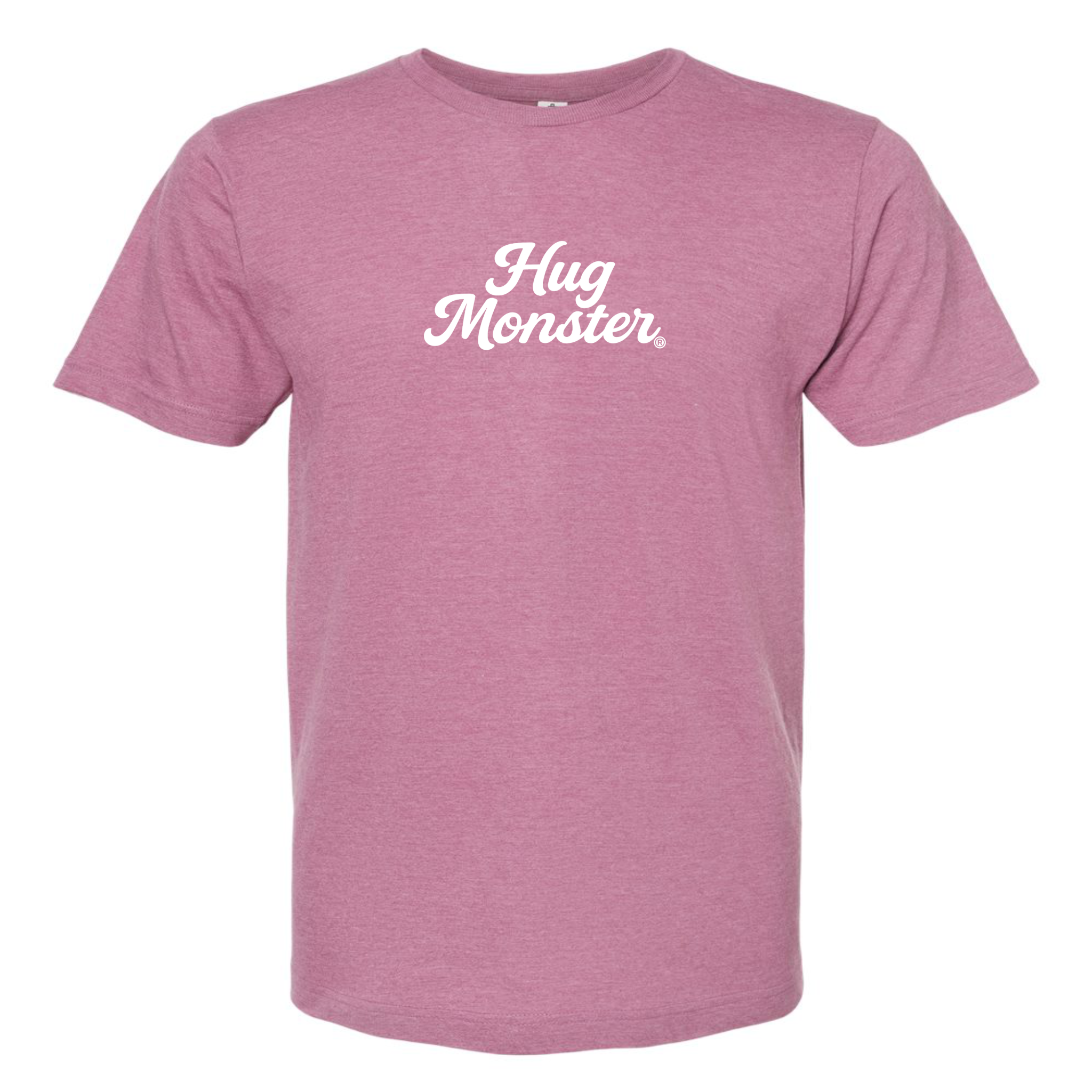 Hug Monster "Classic Cursive" (White) T-Shirt - Positive Message Graphic Tee in Heather Dusty Rose Pink – Front View