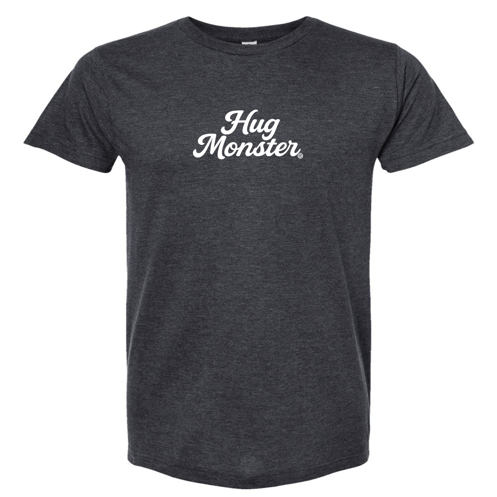 Hug Monster "Classic Cursive" (White) T-Shirt - Positive Message Graphic Tee in Heather Graphite – Front View