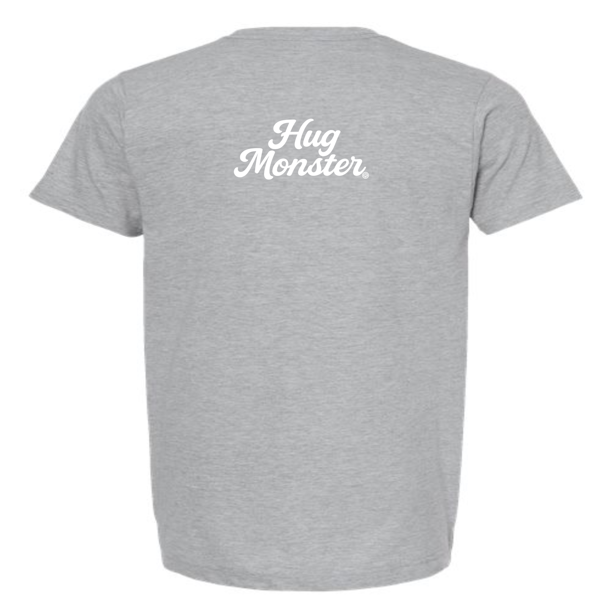 Hug Monster "Classic Cursive" (White) T-Shirt - Positive Message Graphic Tee in Heather Grey – Back View