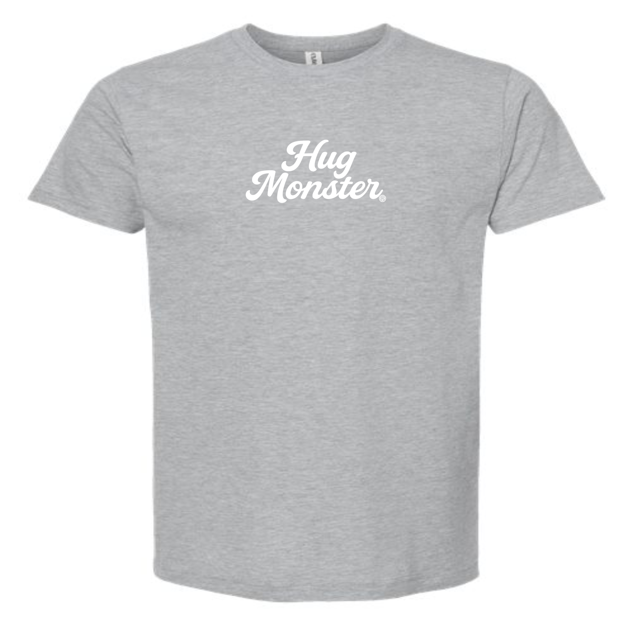 Hug Monster "Classic Cursive" (White) T-Shirt - Positive Message Graphic Tee in Heather Grey – Front View
