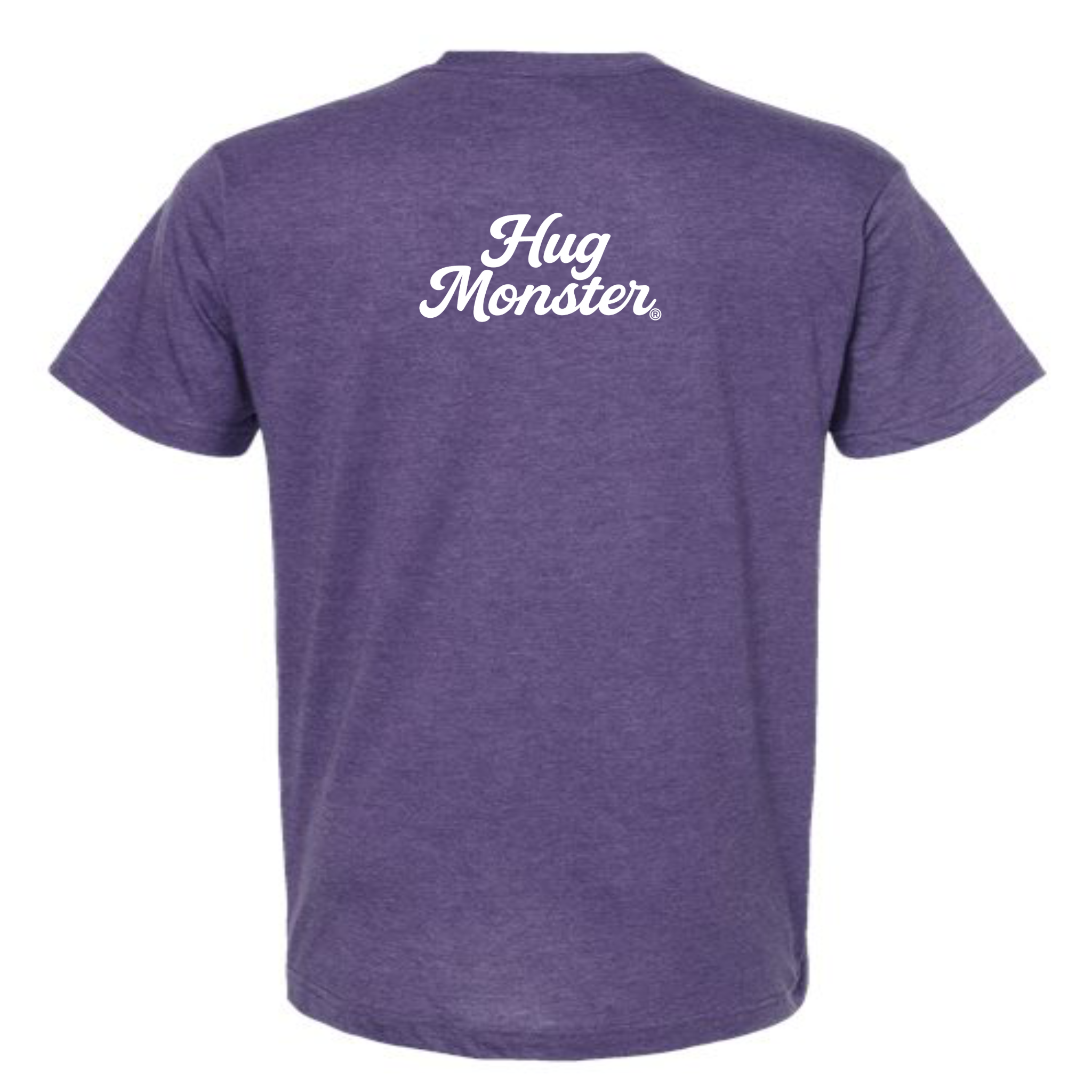 Hug Monster "Classic Cursive" (White) T-Shirt - Positive Message Graphic Tee in Heather Purple – Back View