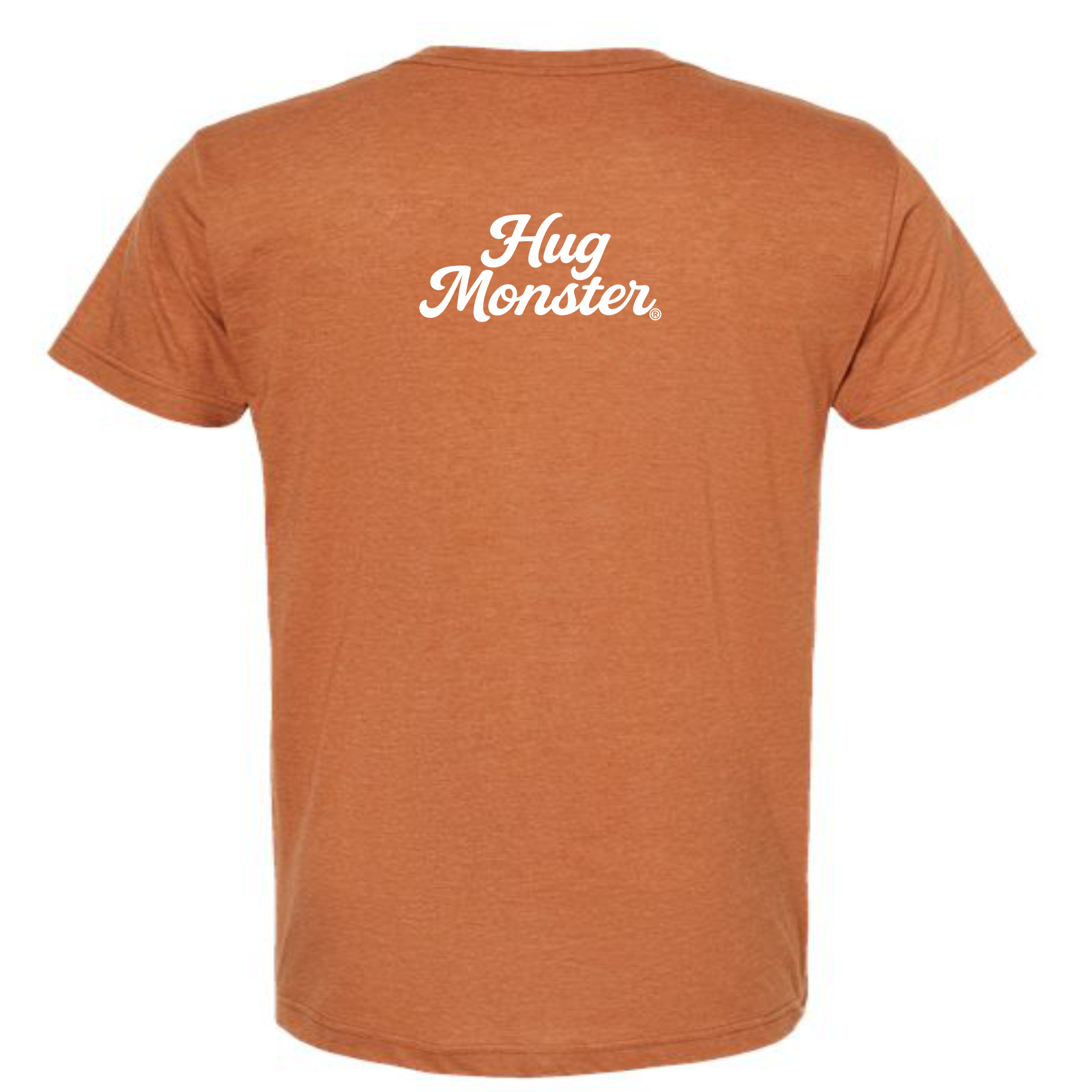 Hug Monster "Classic Cursive" (White) T-Shirt - Positive Message Graphic Tee in Heather Rust – Back View