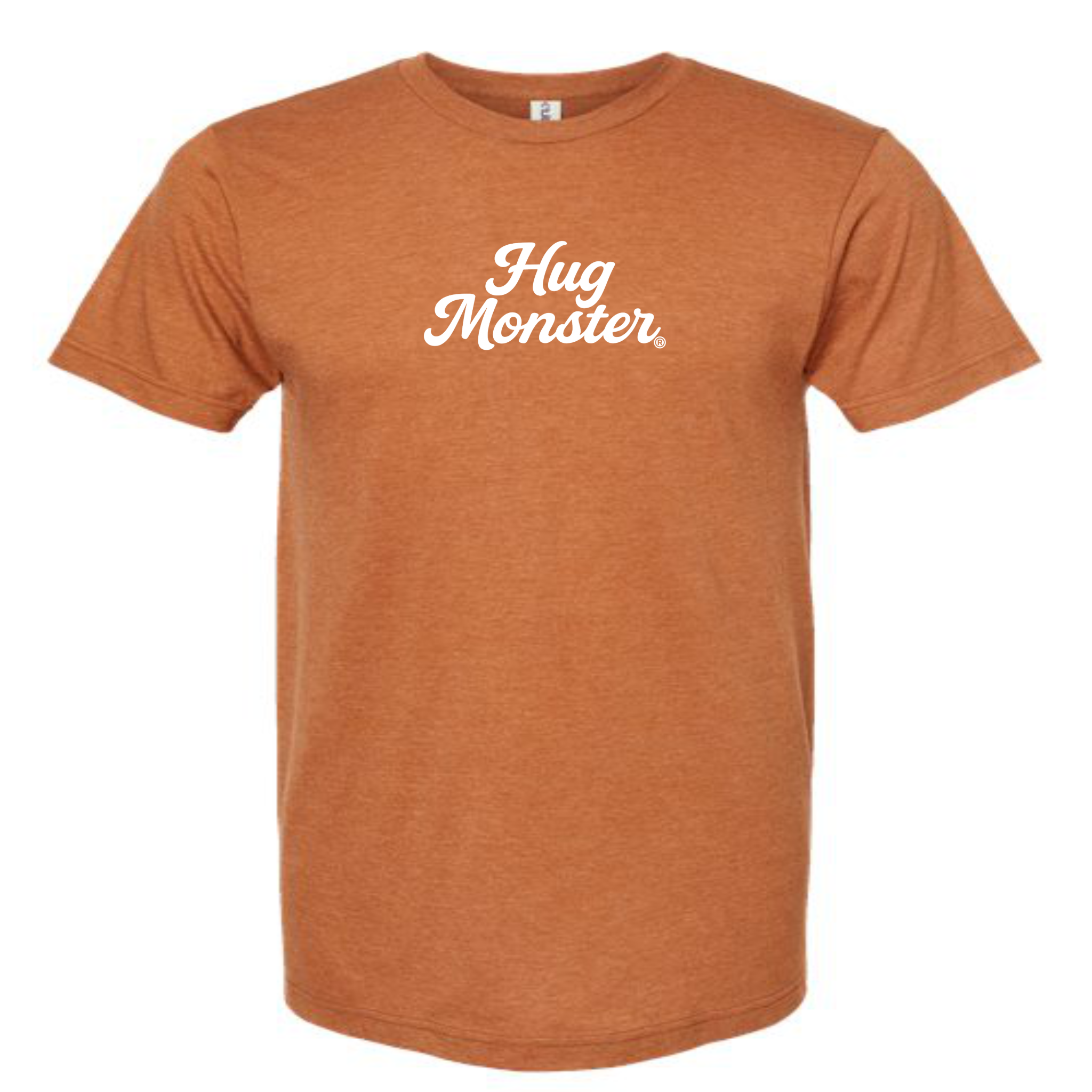Hug Monster "Classic Cursive" (White) T-Shirt - Positive Message Graphic Tee in Heather Rust – Front View