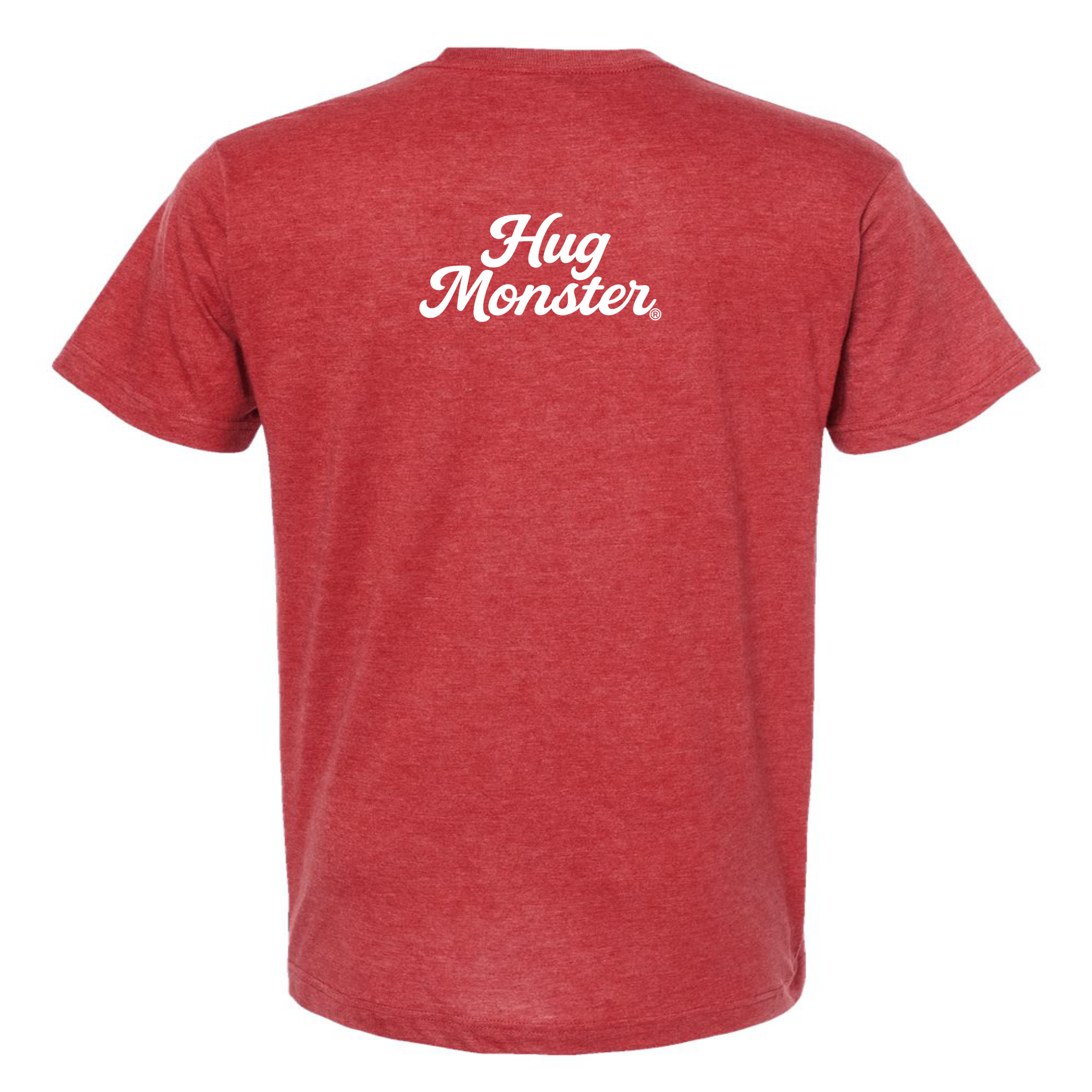 Hug Monster "Classic Cursive" (White) T-Shirt - Positive Message Graphic Tee in Heather Scarlet Red – Back View