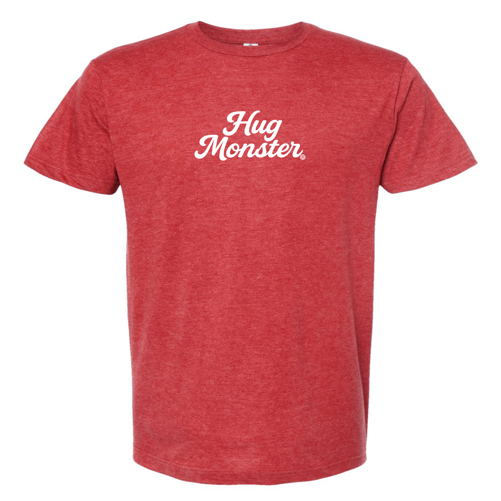Hug Monster "Classic Cursive" (White) T-Shirt - Positive Message Graphic Tee in Heather Scarlet Red – Front View