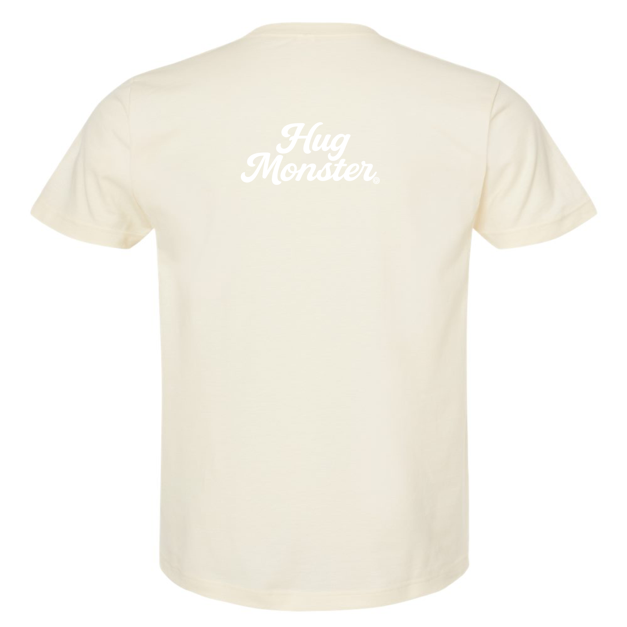 Hug Monster "Classic Cursive" (White) T-Shirt - Positive Message Graphic Tee in Natural – Back View