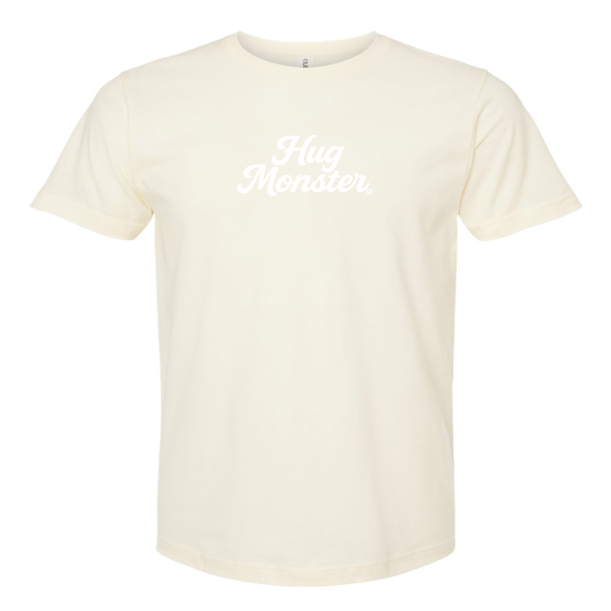 Hug Monster "Classic Cursive" (White) T-Shirt - Positive Message Graphic Tee in Natural – Front View