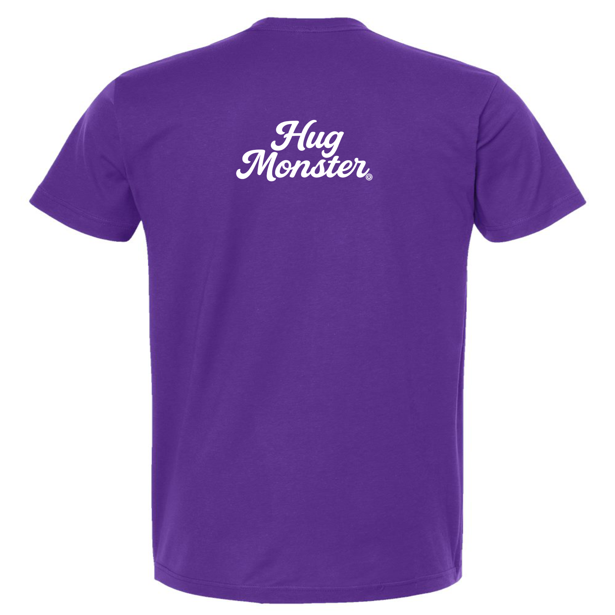 Hug Monster "Classic Cursive" (White) T-Shirt - Positive Message Graphic Tee in Purple – Back View