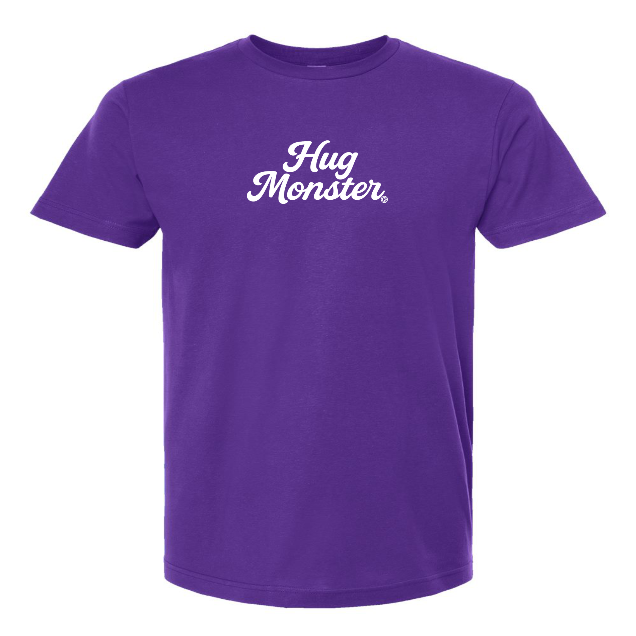Hug Monster "Classic Cursive" (White) T-Shirt - Positive Message Graphic Tee in Purple – Front View