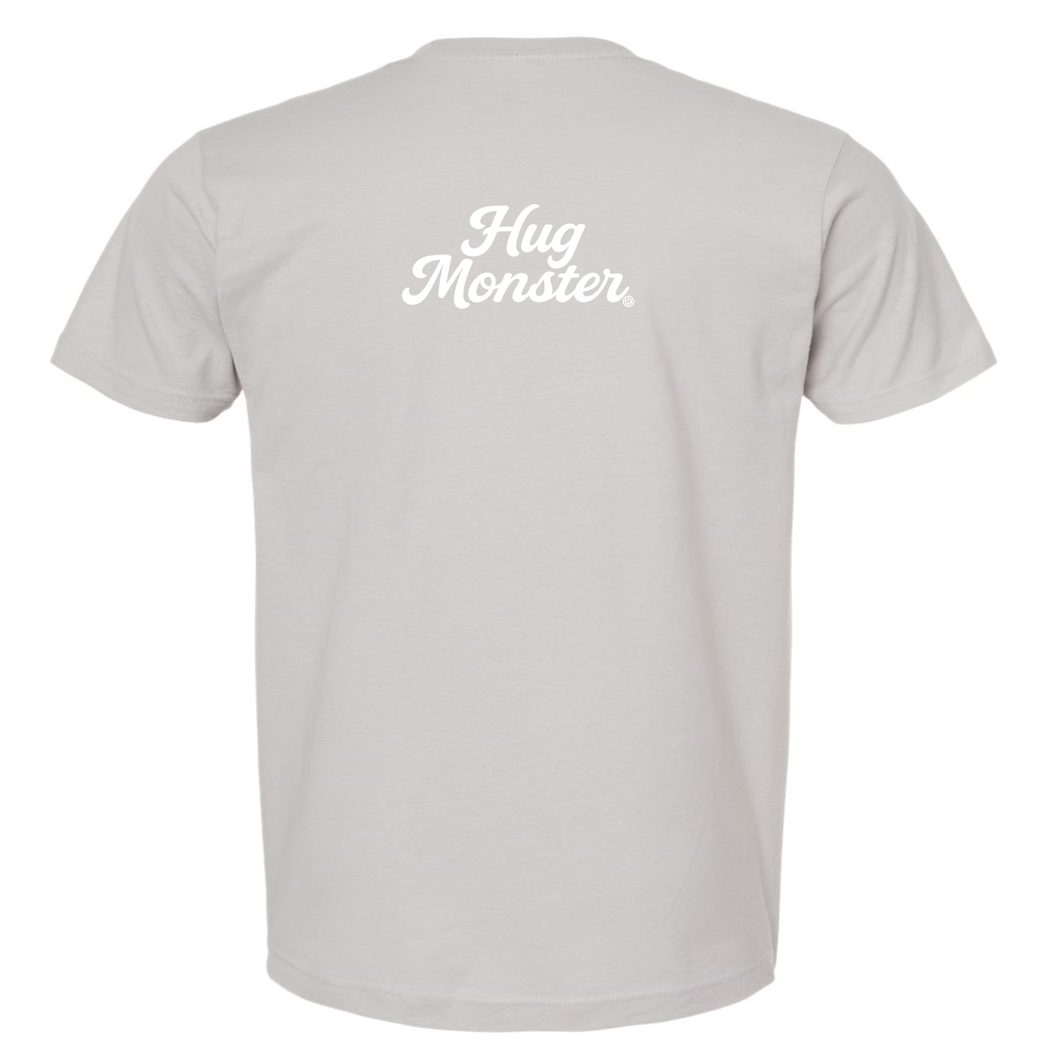 Hug Monster "Classic Cursive" (White) T-Shirt - Positive Message Graphic Tee in Silver – Back View