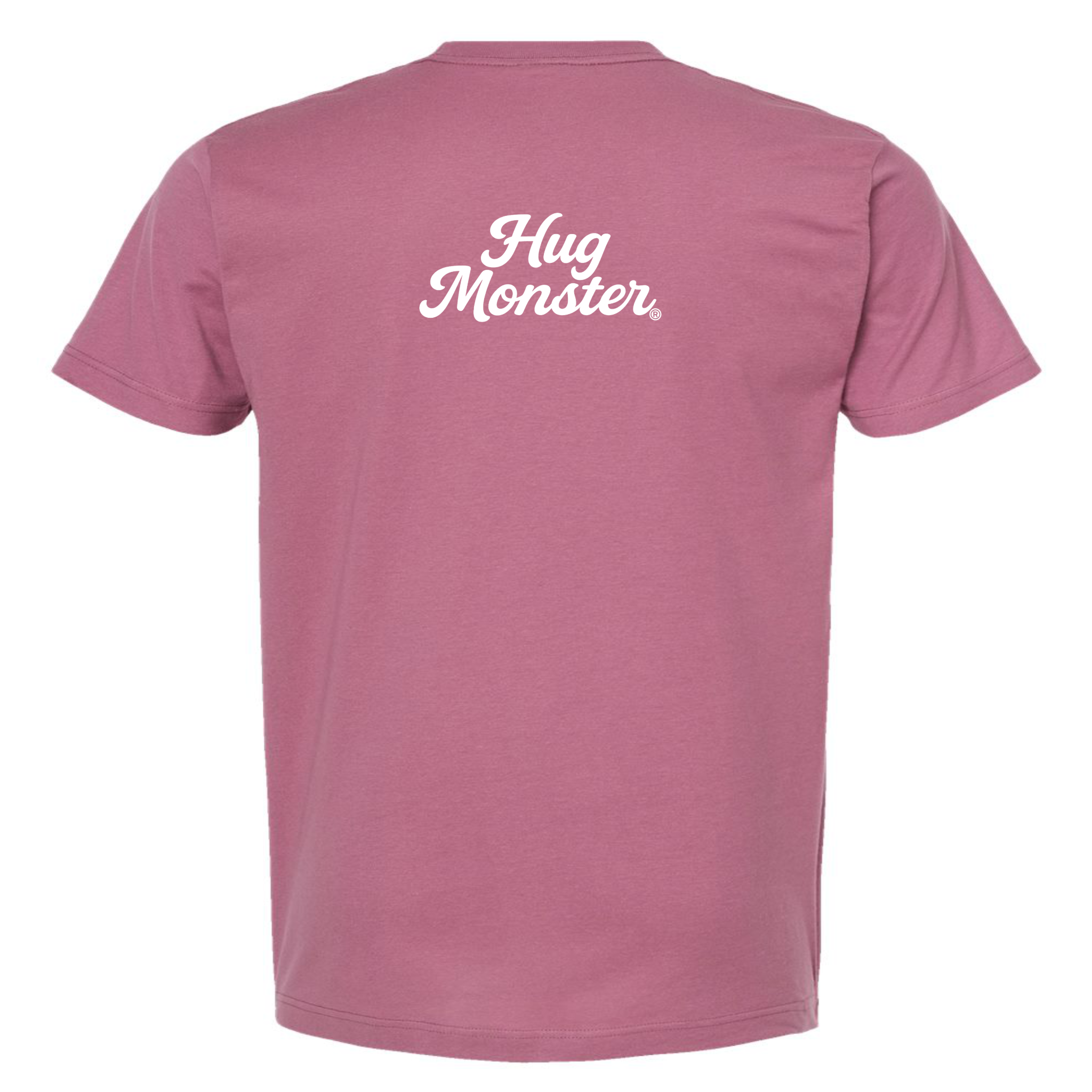 Hug Monster "Classic Cursive" (White) T-Shirt - Positive Message Graphic Tee in Soft Dusty Rose Pink – Back View