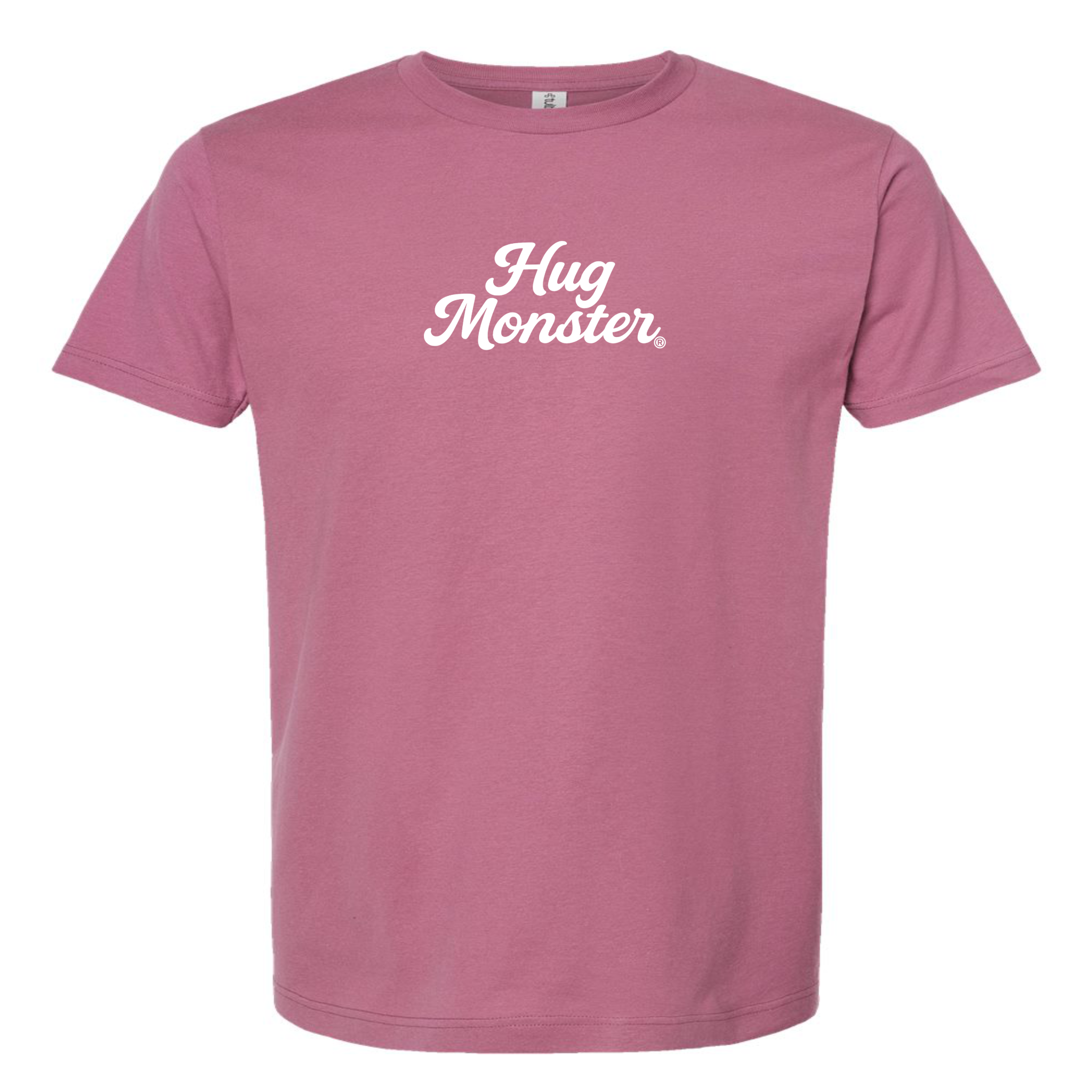 Hug Monster "Classic Cursive" (White) T-Shirt - Positive Message Graphic Tee in Soft Dusty Rose Pink – Front View