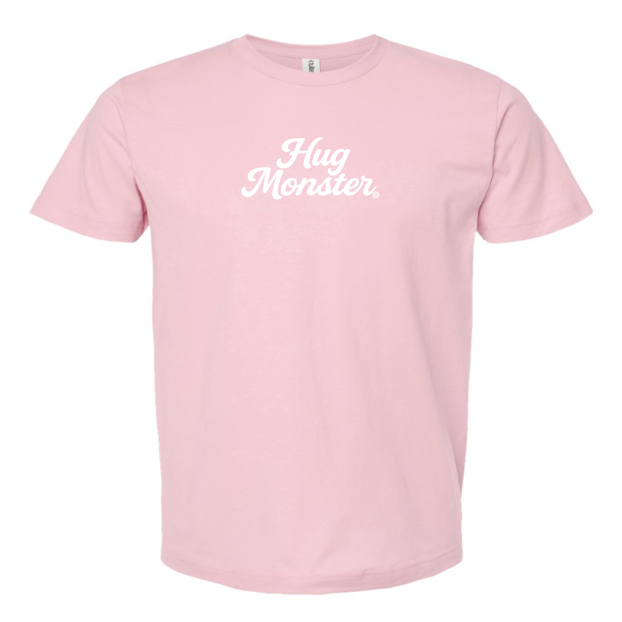 Hug Monster "Classic Cursive" (White) T-Shirt - Positive Message Graphic Tee in Soft Pink – Front View