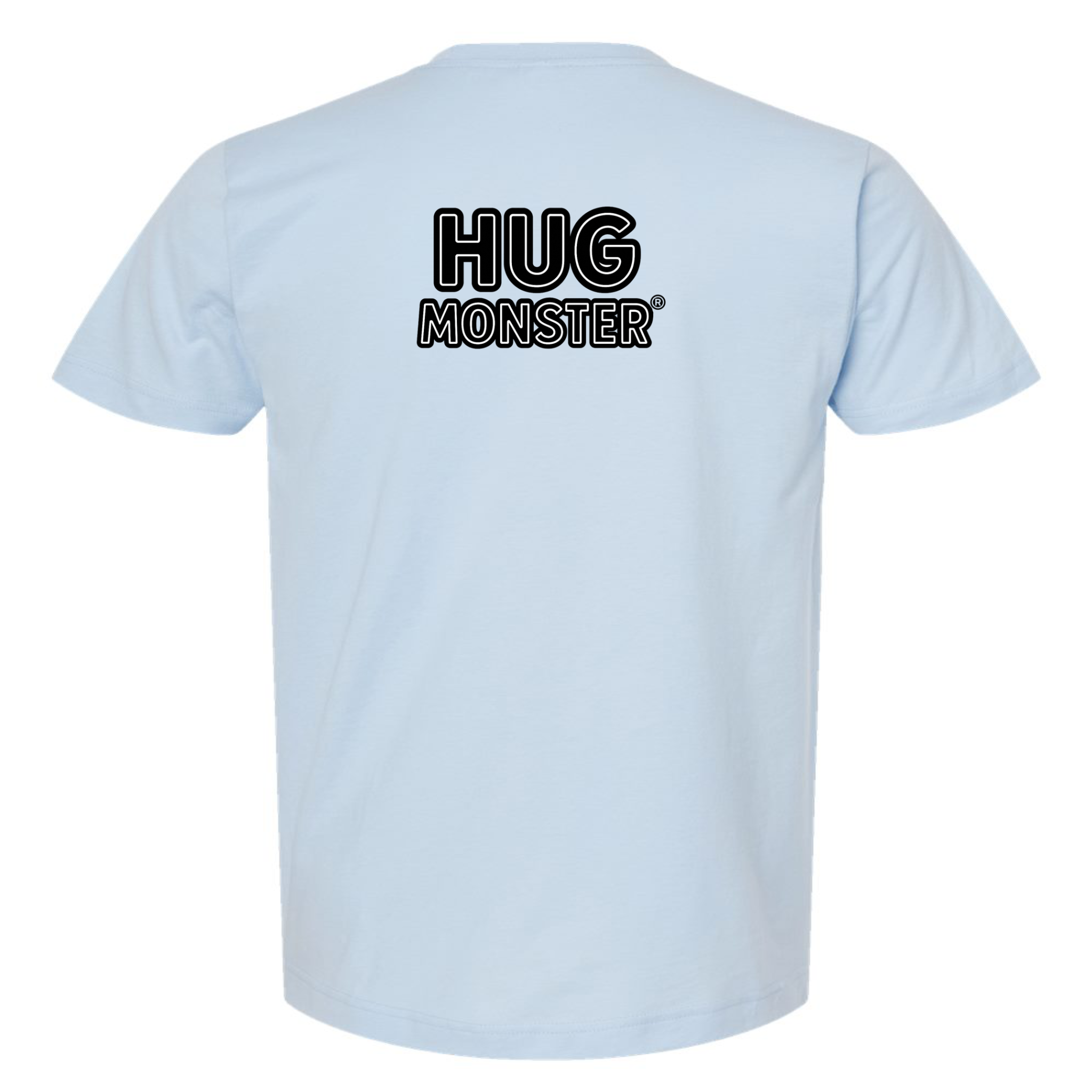 Hug Monster Classic Logo Bold Outline (Black & White Logo) T-Shirt - Positive Message Graphic Tee in Baby Blue – Back View