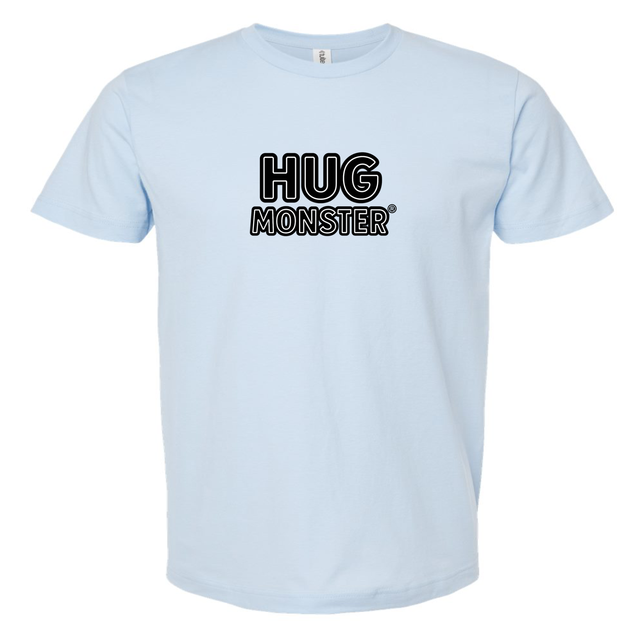 Hug Monster Classic Logo Bold Outline (Black & White Logo) T-Shirt - Positive Message Graphic Tee in Baby Blue – Front View