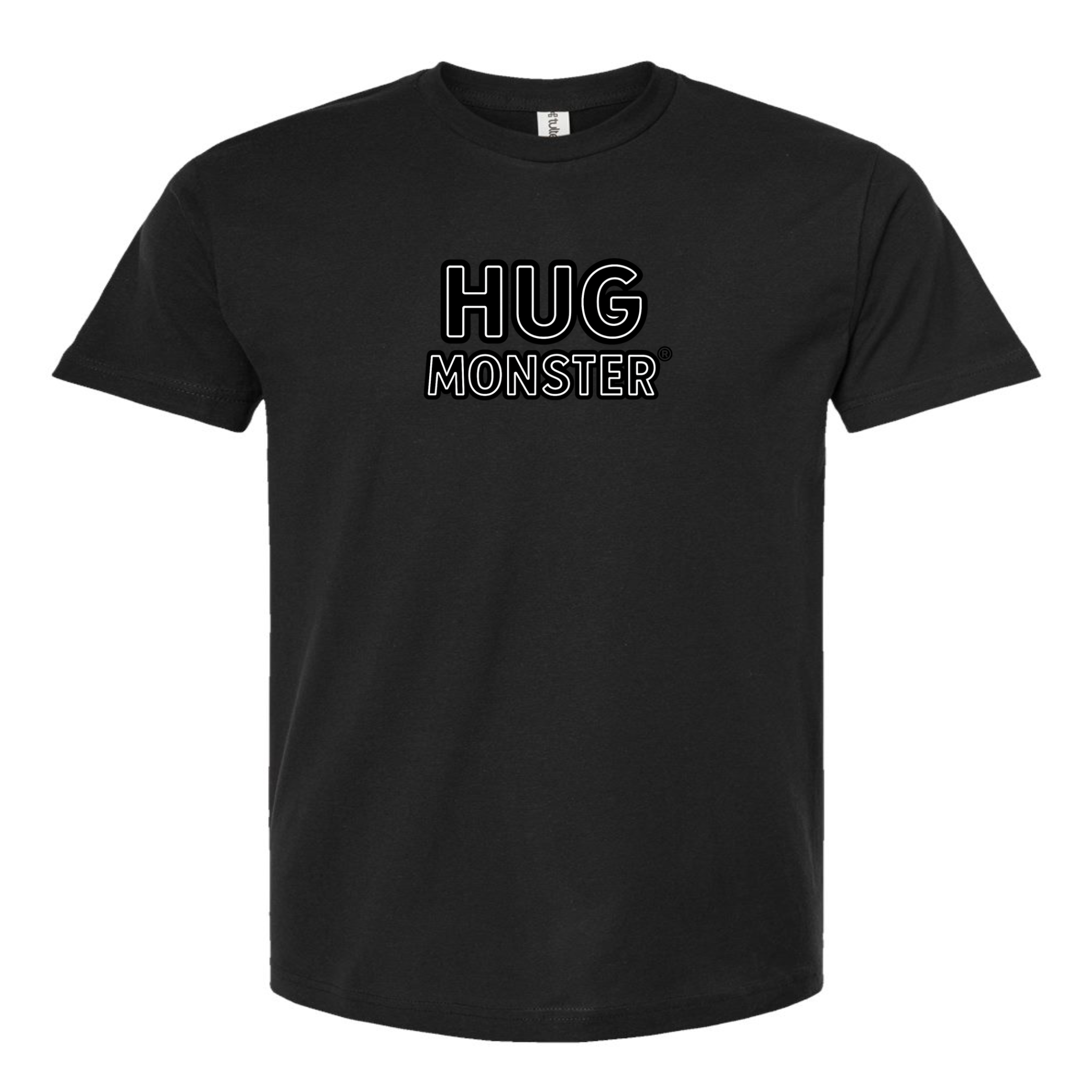 Hug Monster Classic Logo Bold Outline (Black & White Logo) T-Shirt - Positive Message Graphic Tee in Black – Front View