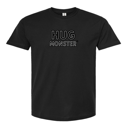Hug Monster Classic Logo Bold Outline (Black & White Logo) T-Shirt - Positive Message Graphic Tee in Black – Front View