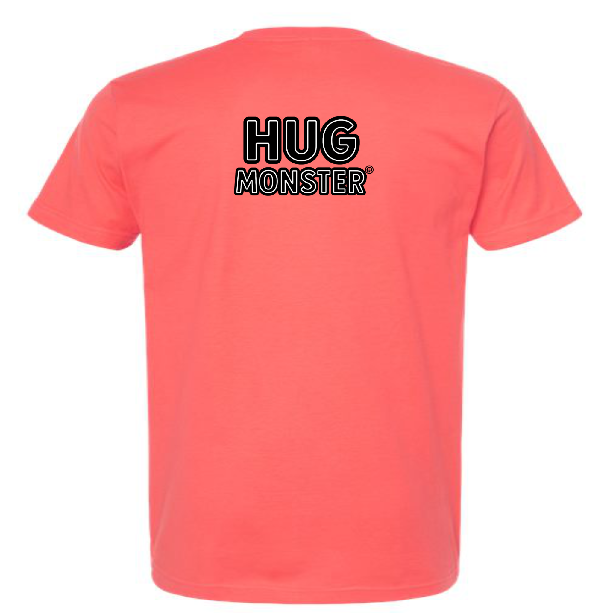 Hug Monster Classic Logo Bold Outline (Black & White Logo) T-Shirt - Positive Message Graphic Tee in Bright Coral – Back View