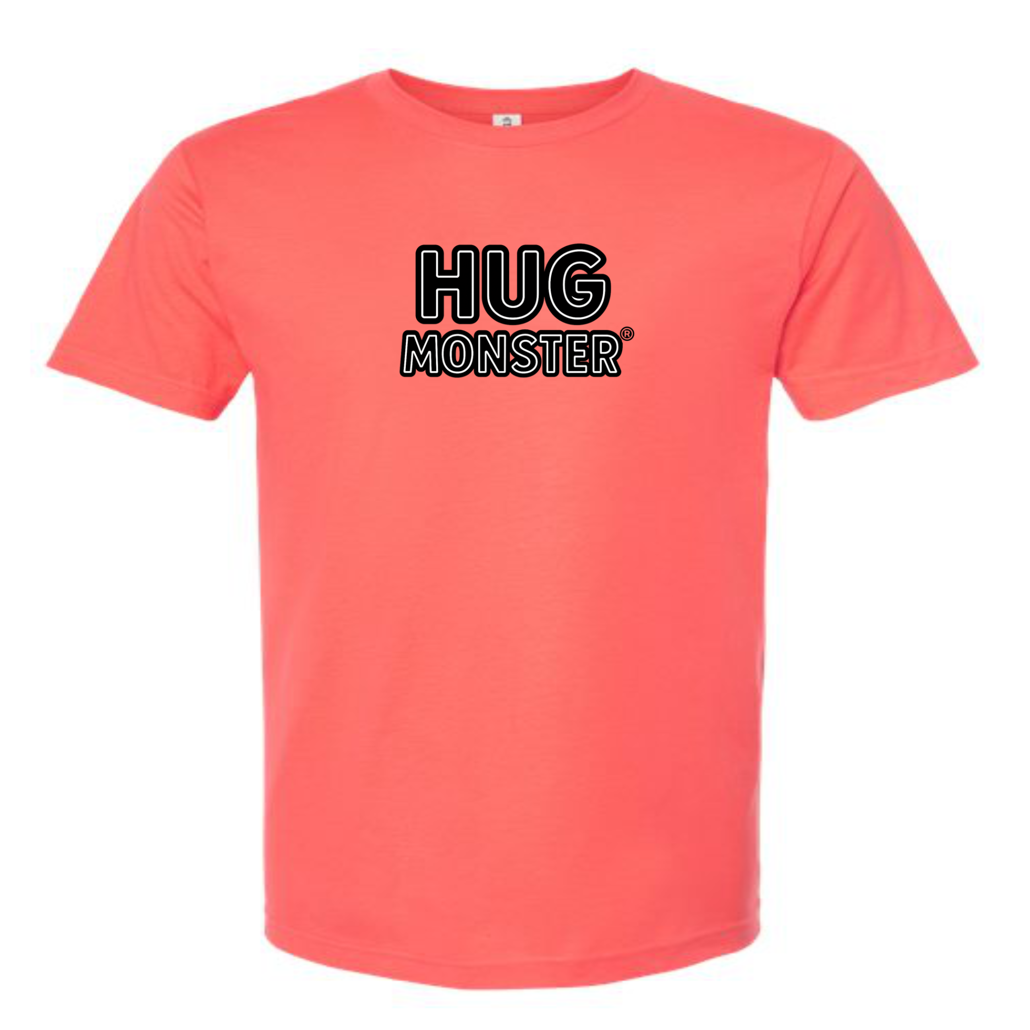 Hug Monster Classic Logo Bold Outline (Black & White Logo) T-Shirt in Bright Coral – Front View