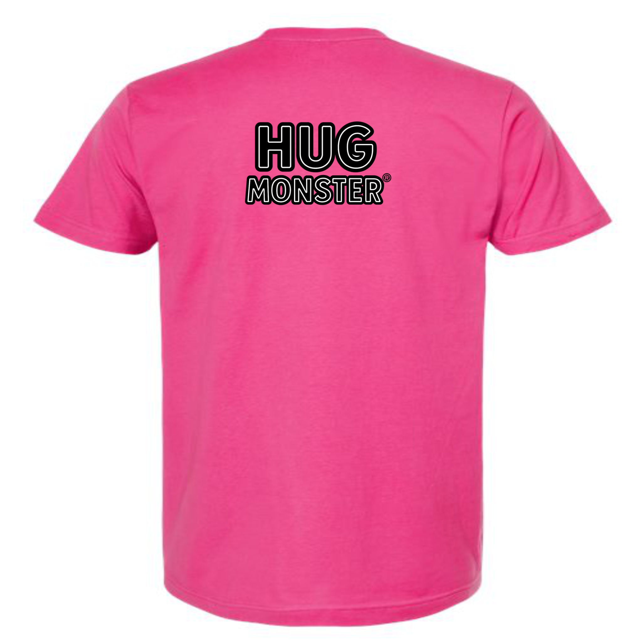 Hug Monster Classic Logo Bold Outline (Black & White Logo) T-Shirt in Bright Fuscia – Back View