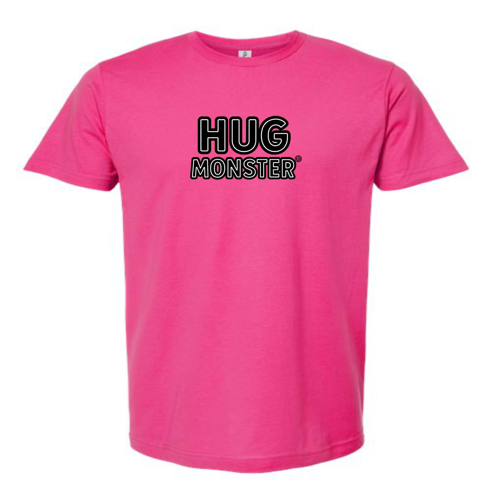 Hug Monster Classic Logo Bold Outline (Black & White Logo) T-Shirt in Bright Fuscia – Front View