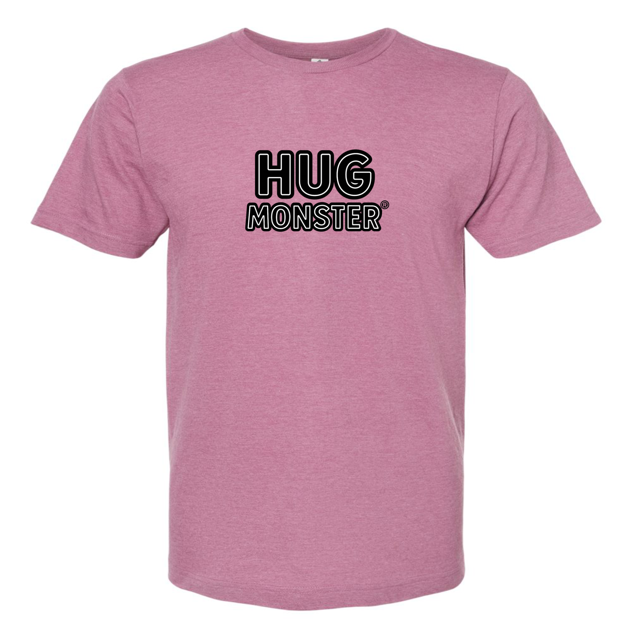 Hug Monster Classic Logo Bold Outline (Black & White Logo) T-Shirt in Heather Dusty Rose Pink – Front View