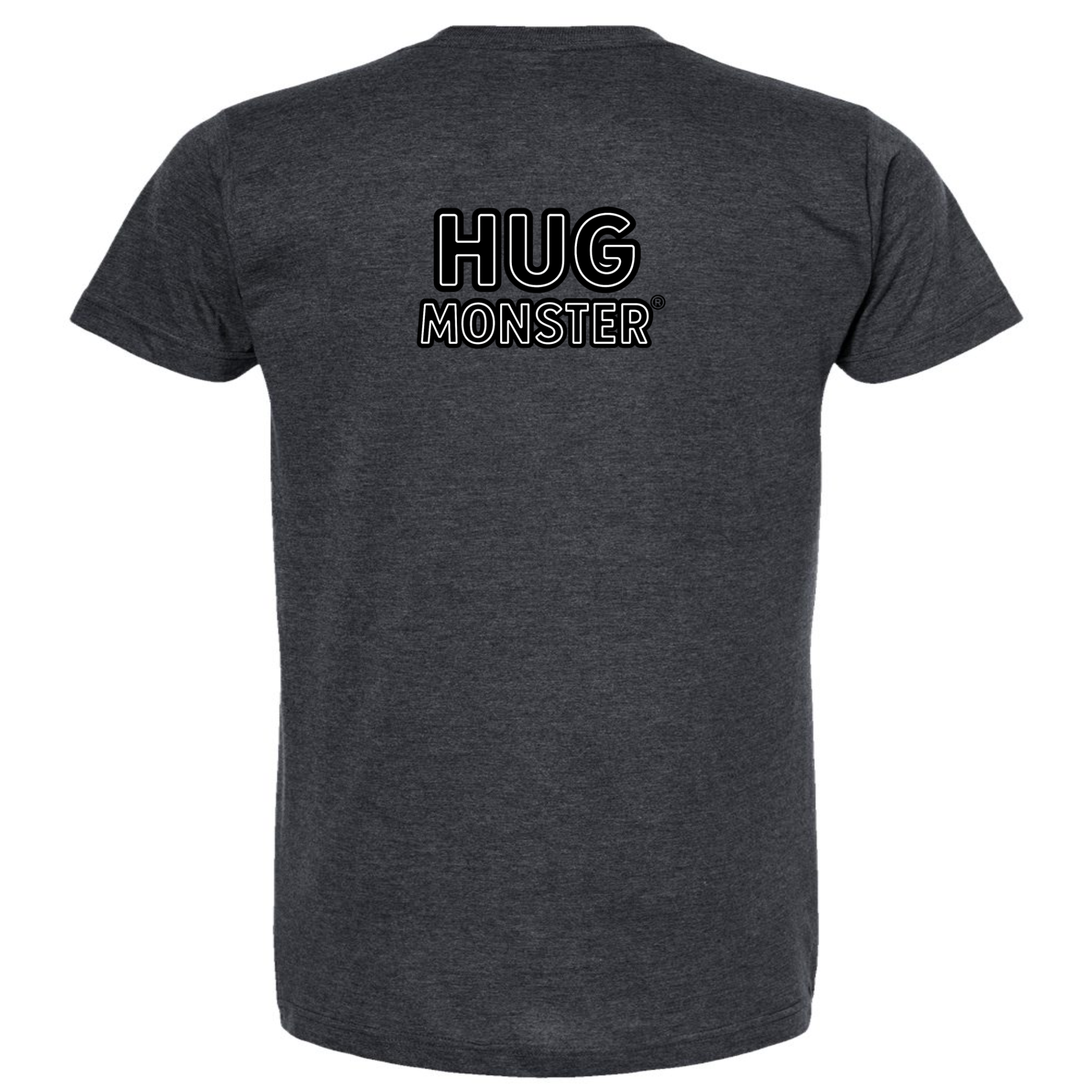 Hug Monster Classic Logo Bold Outline (Black & White Logo) T-Shirt in Heather Graphite – Back View