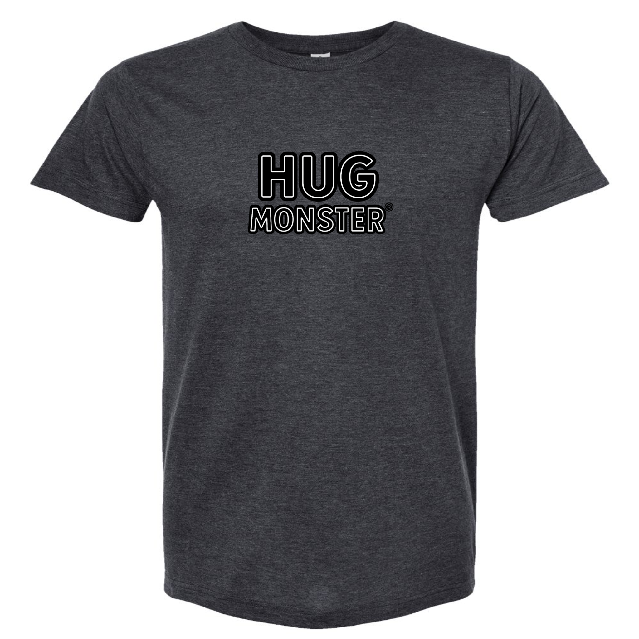 Hug Monster Classic Logo Bold Outline (Black & White Logo) T-Shirt in Heather Graphite – Front View