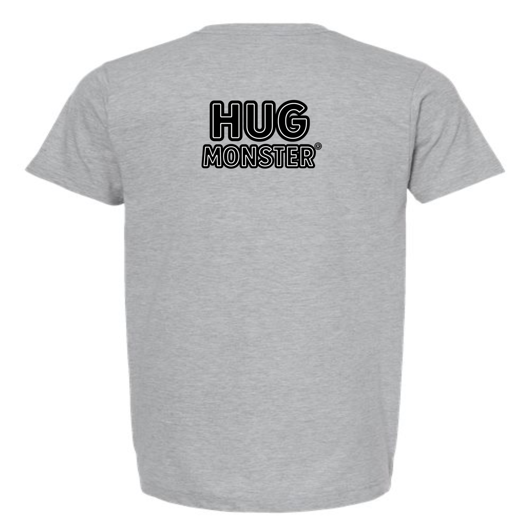 Hug Monster Classic Logo Bold Outline (Black & White Logo) T-Shirt - Positive Message Graphic Tee in Heather Grey – Back View
