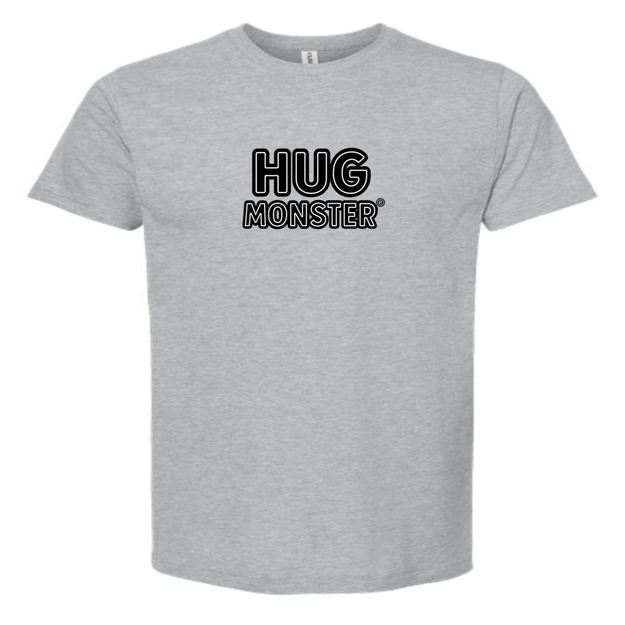 Hug Monster Classic Logo Bold Outline (Black & White Logo) T-Shirt in Heather Grey – Front View
