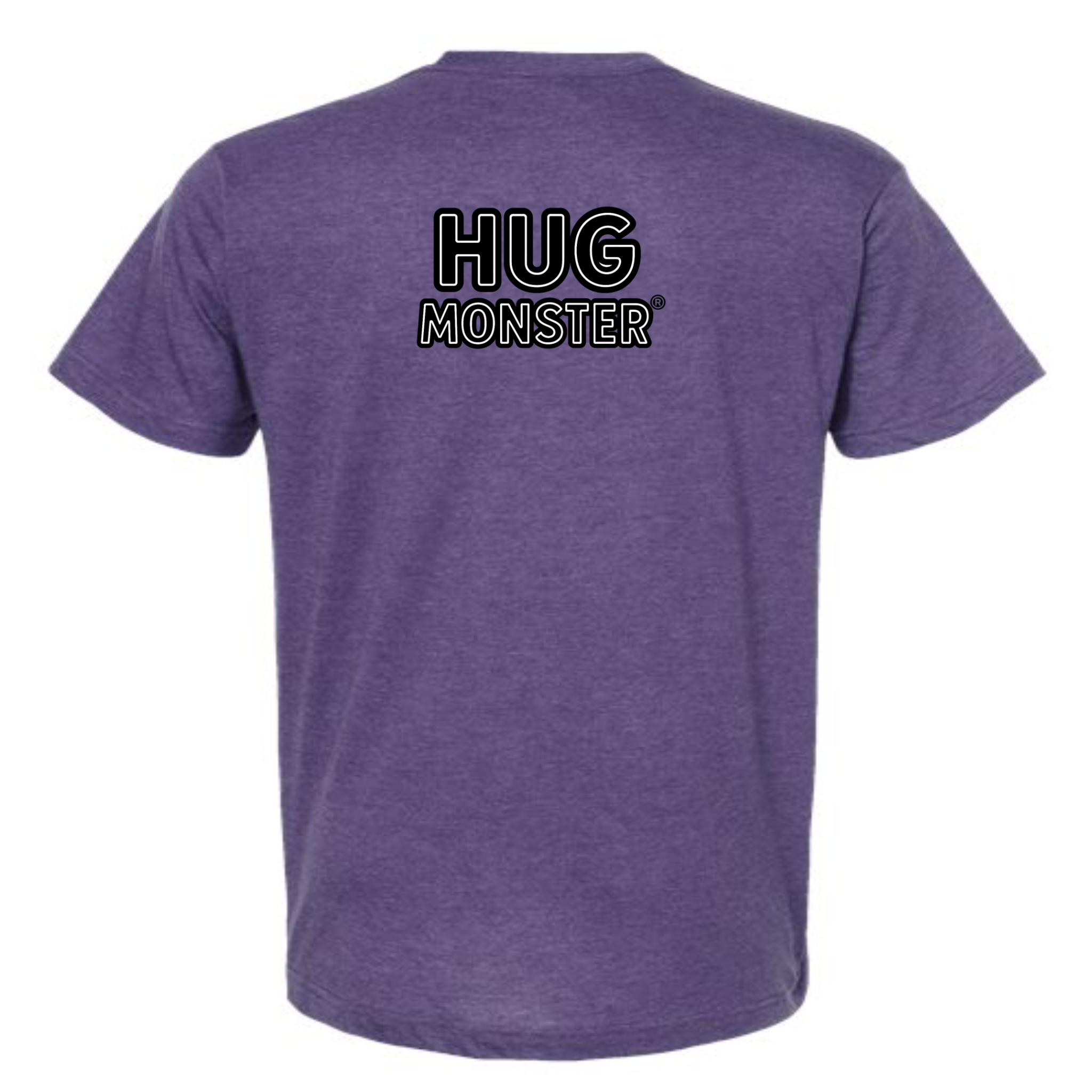 Hug Monster Classic Logo Bold Outline (Black & White Logo) T-Shirt in Heather Purple – Back View