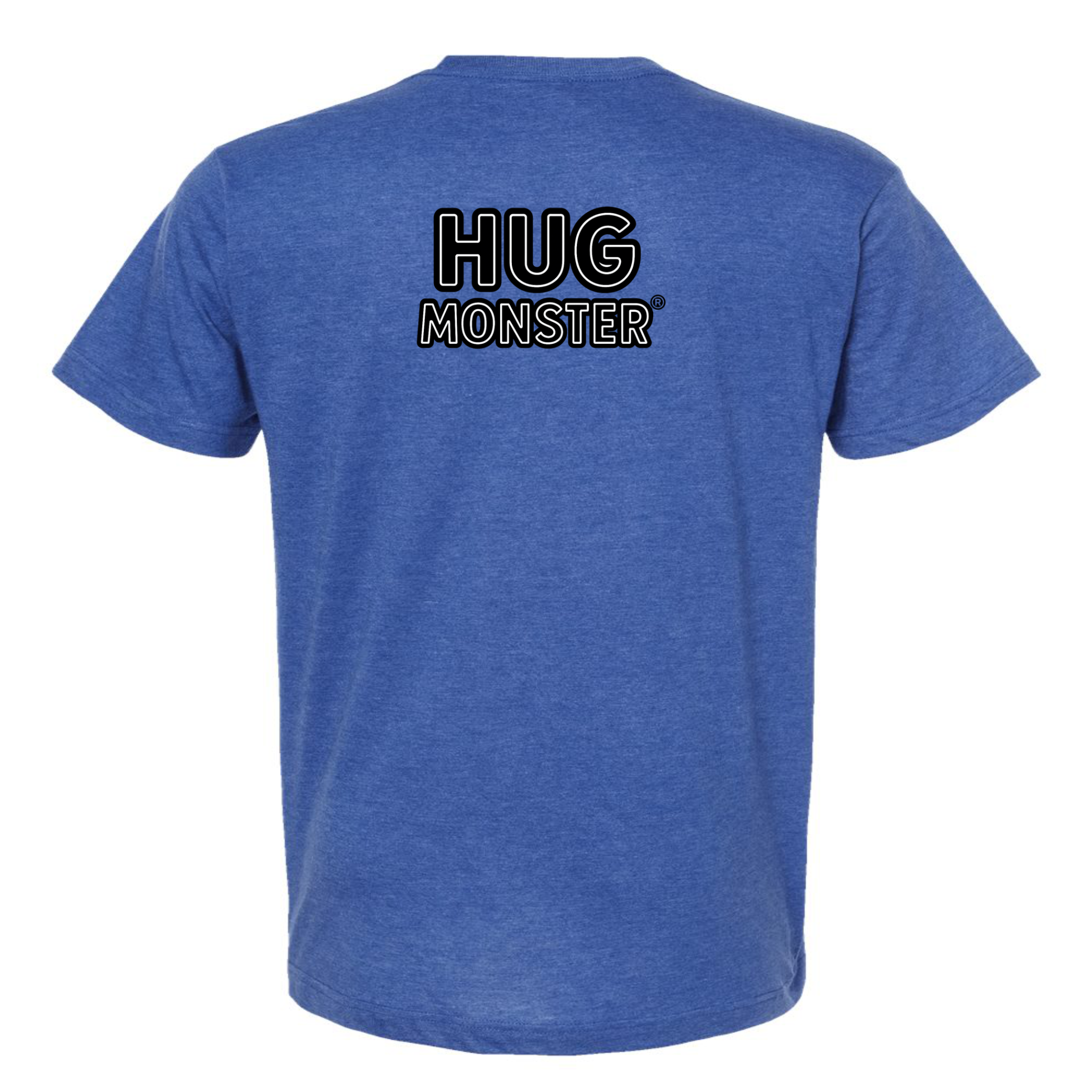 Hug Monster Classic Logo Bold Outline (Black & White Logo) T-Shirt in Heather Royal Blue – Back View