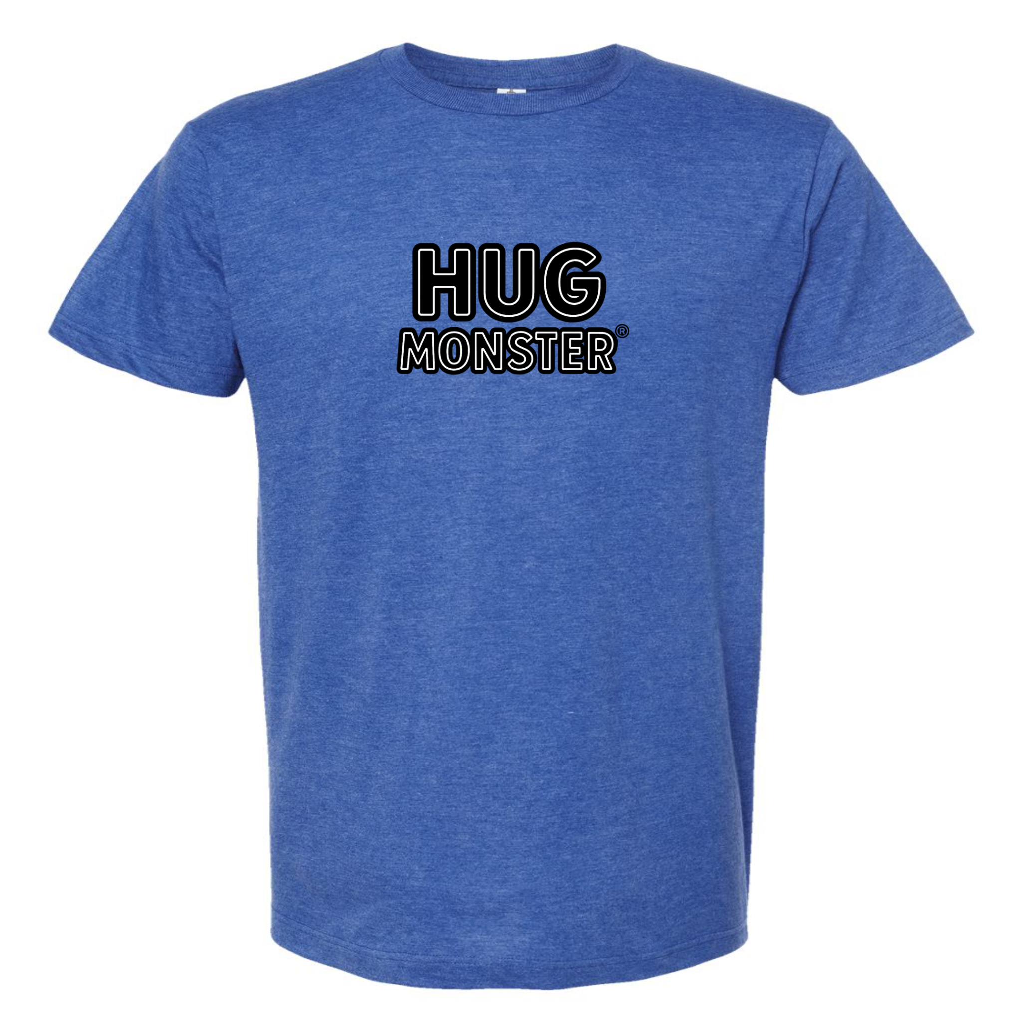 Hug Monster Classic Logo Bold Outline (Black & White Logo) T-Shirt in Heather Royal Blue – Front View