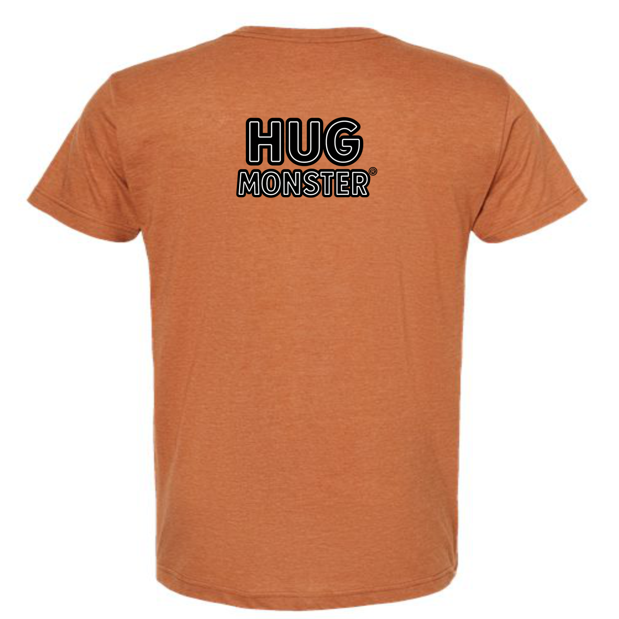 Hug Monster Classic Logo Bold Outline (Black & White Logo) T-Shirt - Positive Message Graphic Tee in Heather Rust – Back View