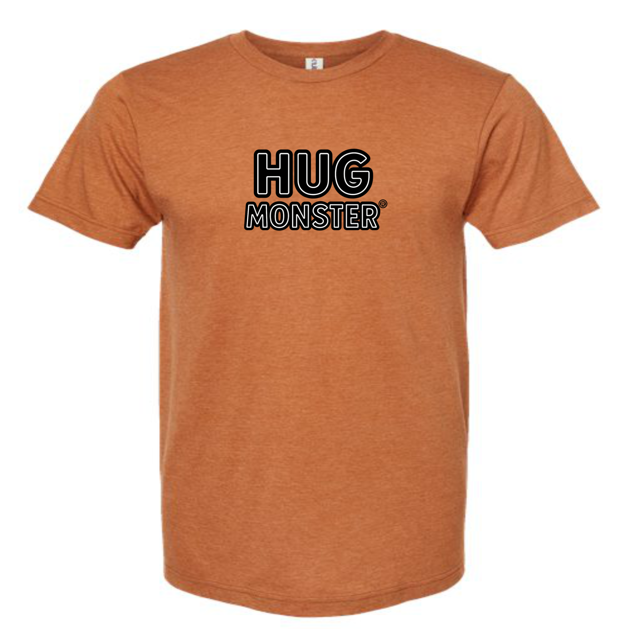 Hug Monster Classic Logo Bold Outline (Black & White Logo) T-Shirt in Heather Rust – Front View